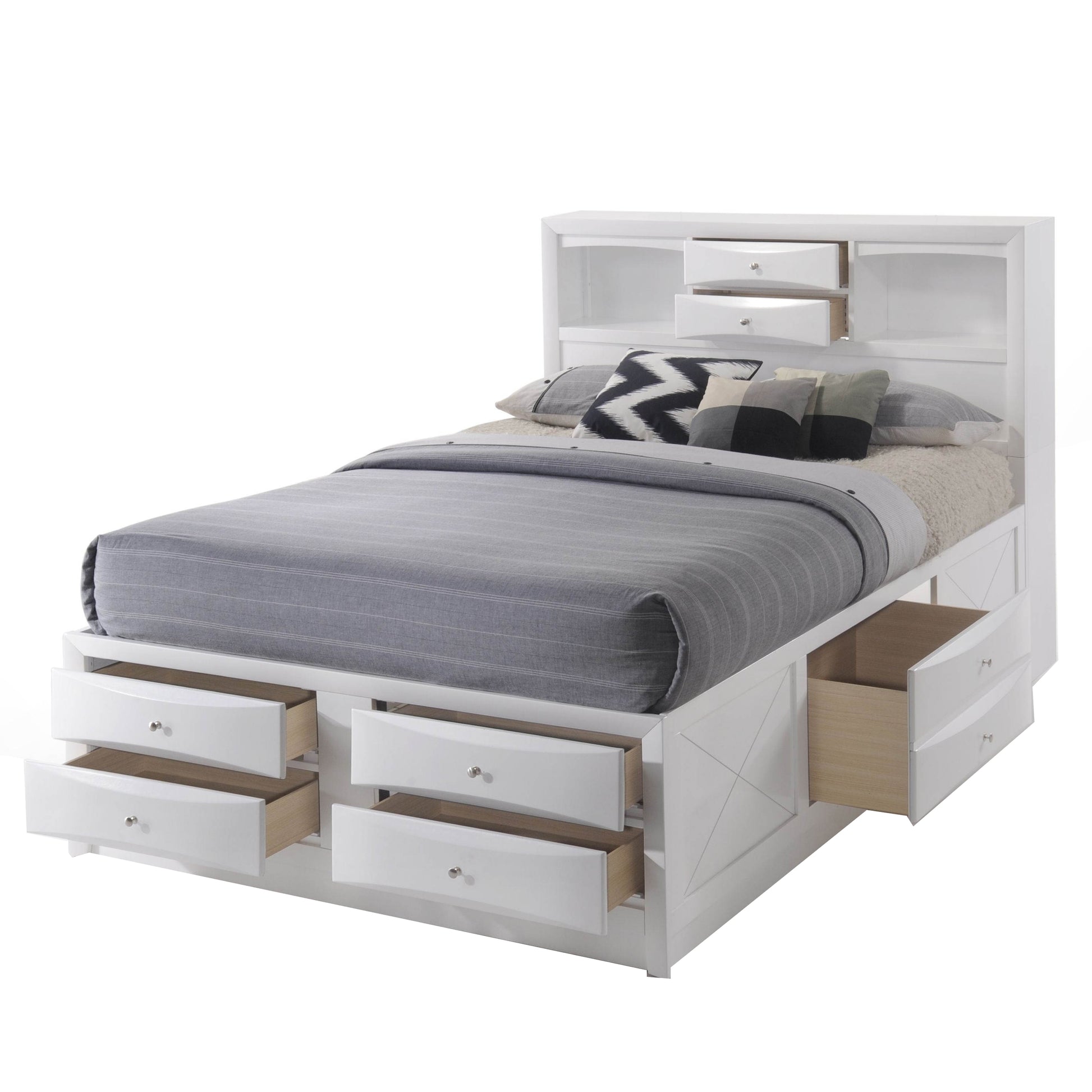 Eight Drawer Full Size Storage Bed with Bookcase Headboard, White — Chic Home-Decor