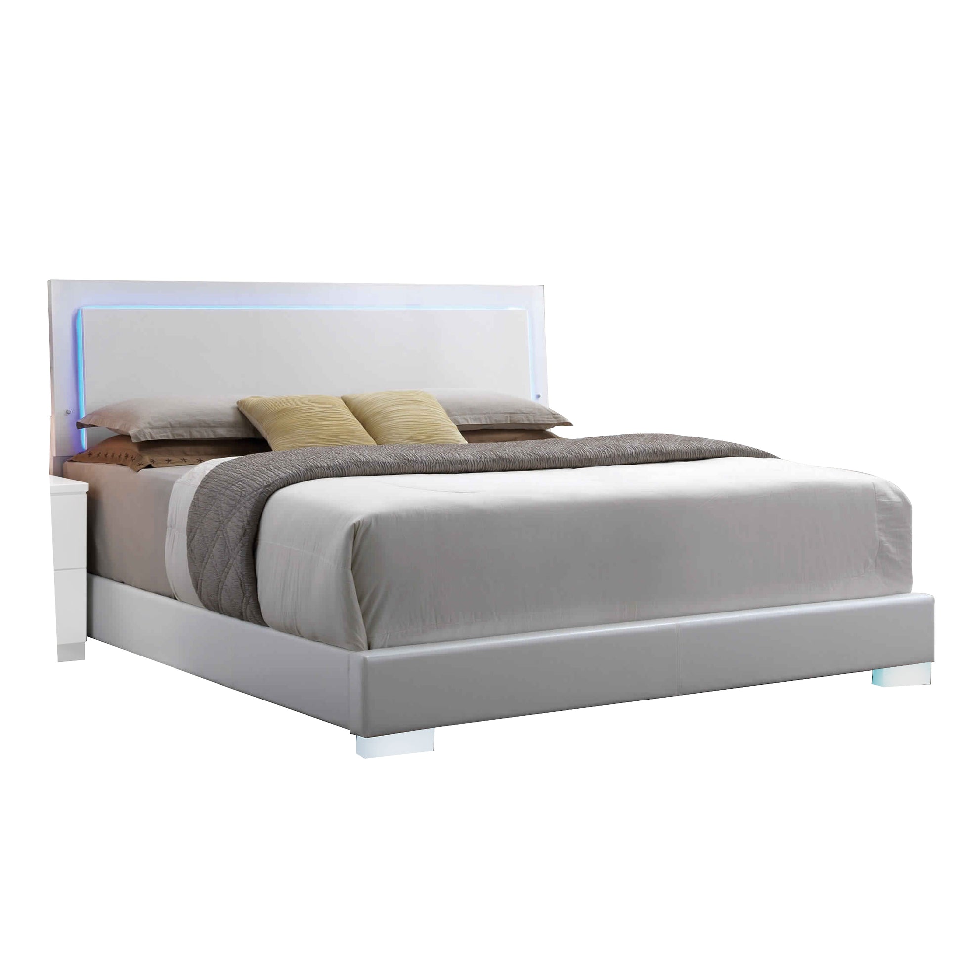 Leatherette Eastern King Bed with LED Panel Headboard and Chrome Legs,White — Chic Home-Decor