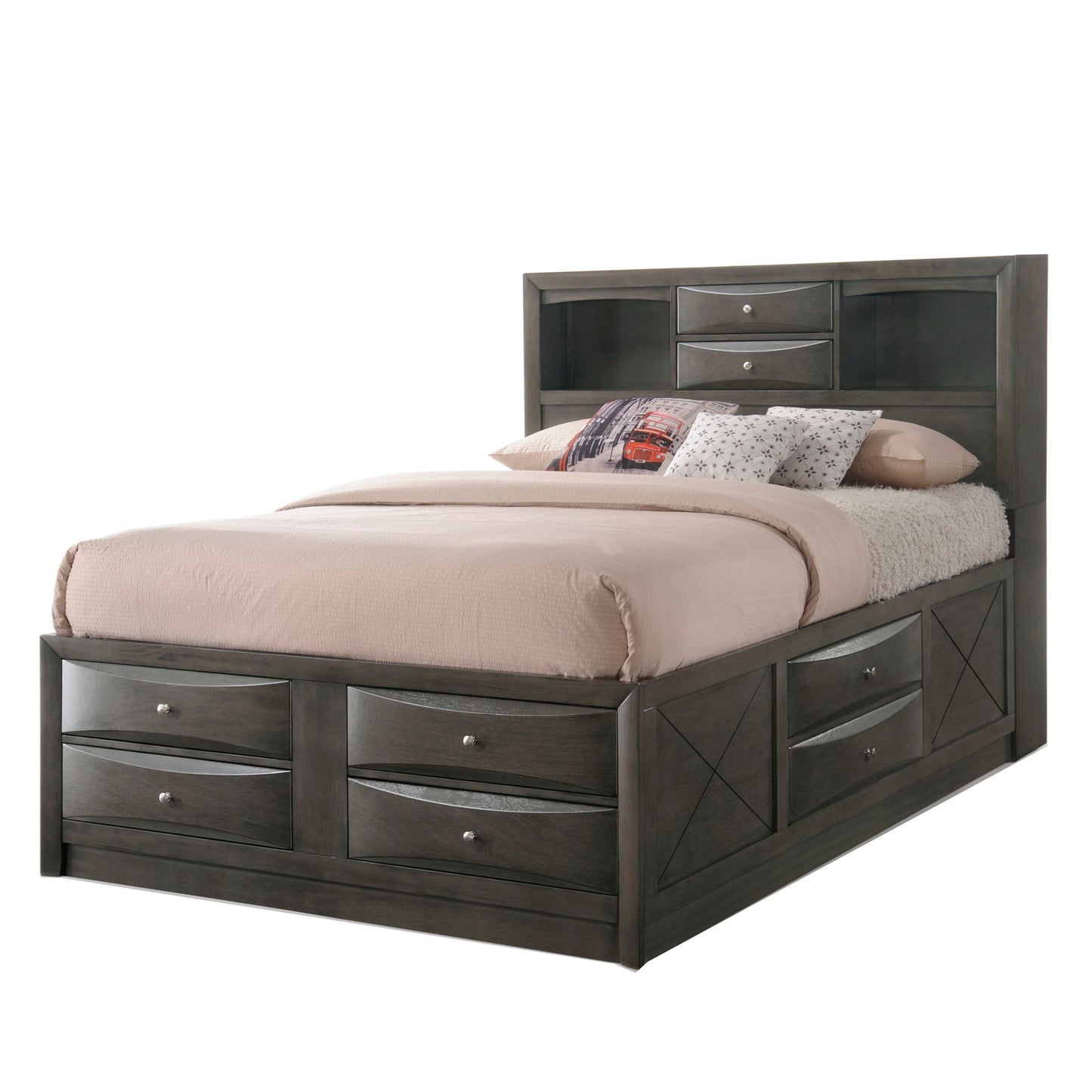 Panel Design Full Size Bed with Bookcase and Drawers, Gray Oak — Chic Home-Decor