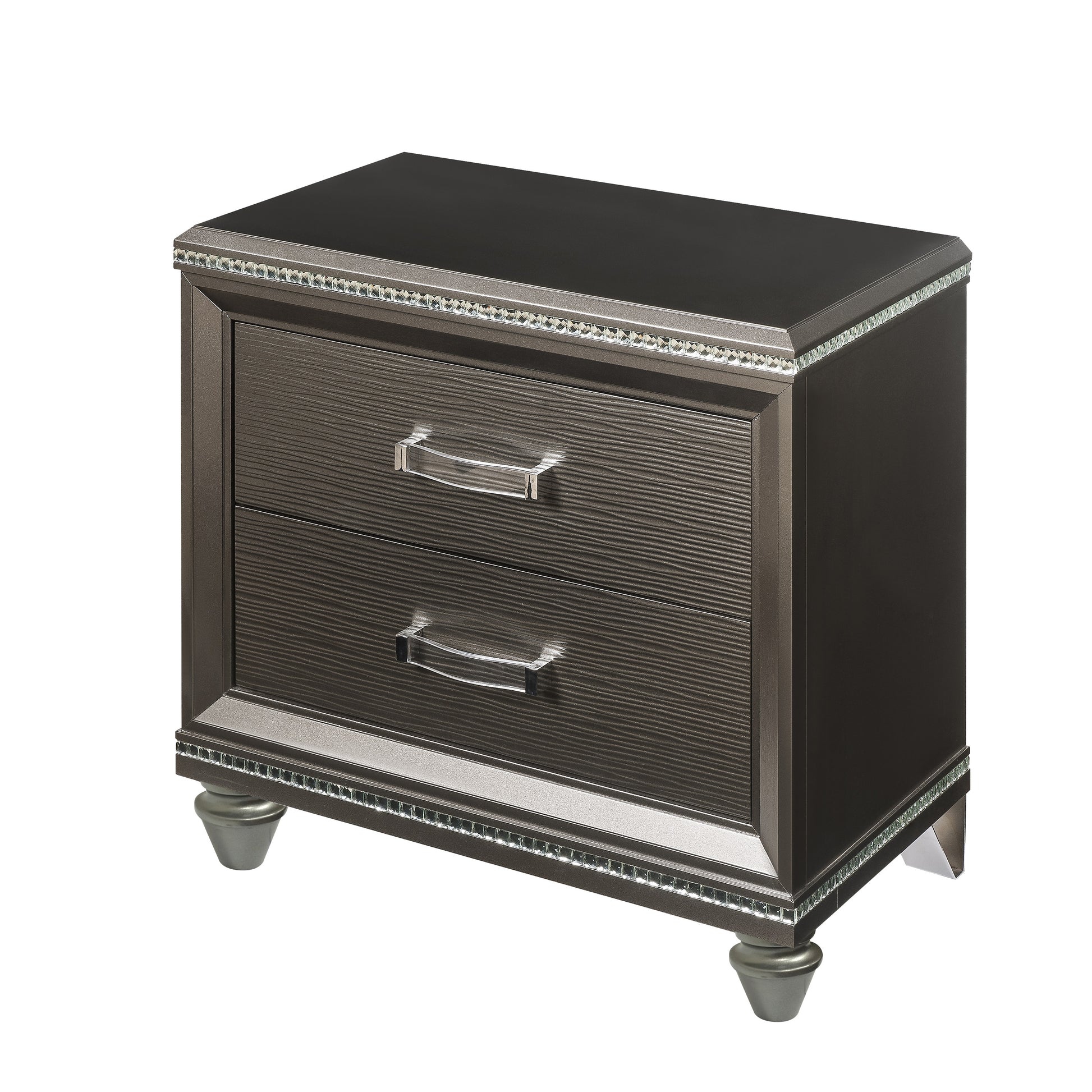 Contemporary 2 Drawer Wooden Nightstand with Mirror Trim Details, Brown — Chic Home-Decor