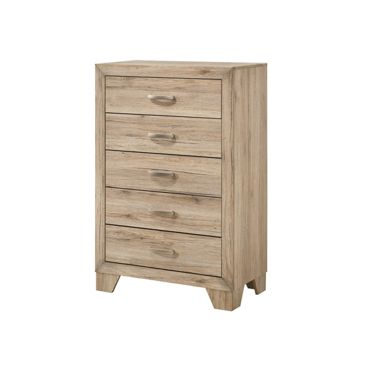 Wooden chest with 5 drawers, brown finish, metal handles