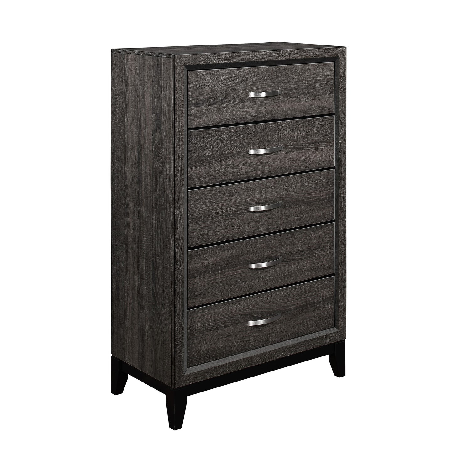5-drawer wooden chest in gray finish with grain details and chamfered feet