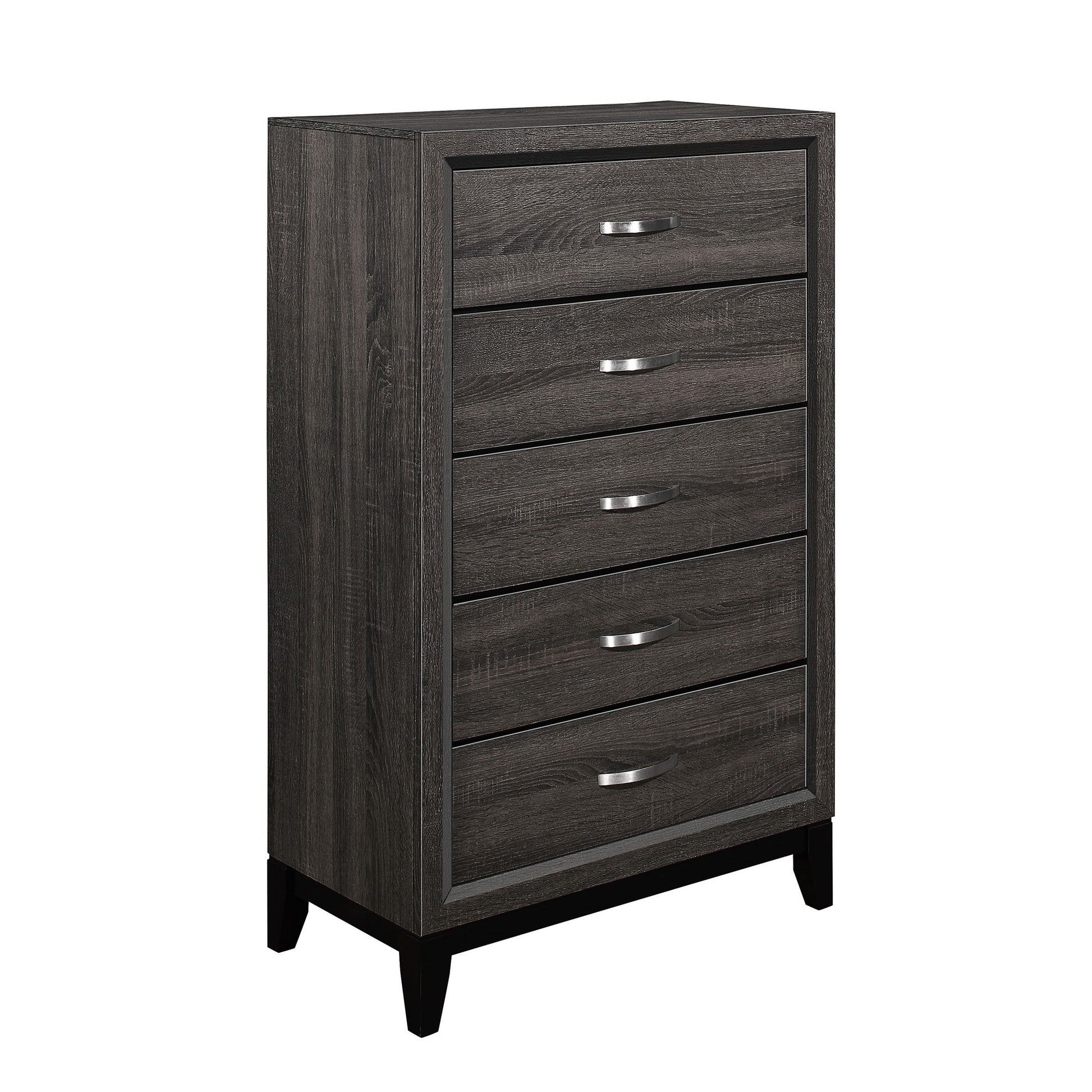 5-drawer wooden chest in gray finish with grain details and chamfered feet
