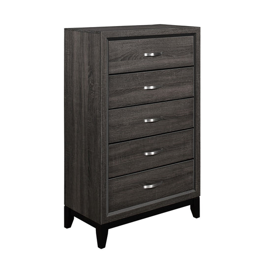 5-drawer wooden chest in gray finish with grain details and chamfered feet