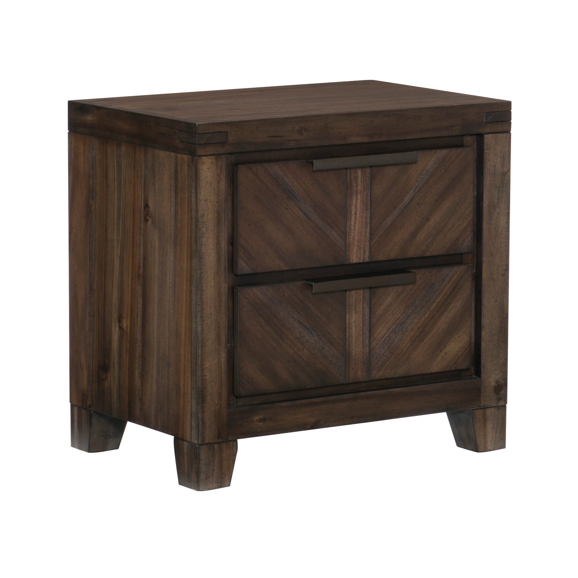 Benzara 2-drawer wooden nightstand in dark brown with antique handles and chamfered feet