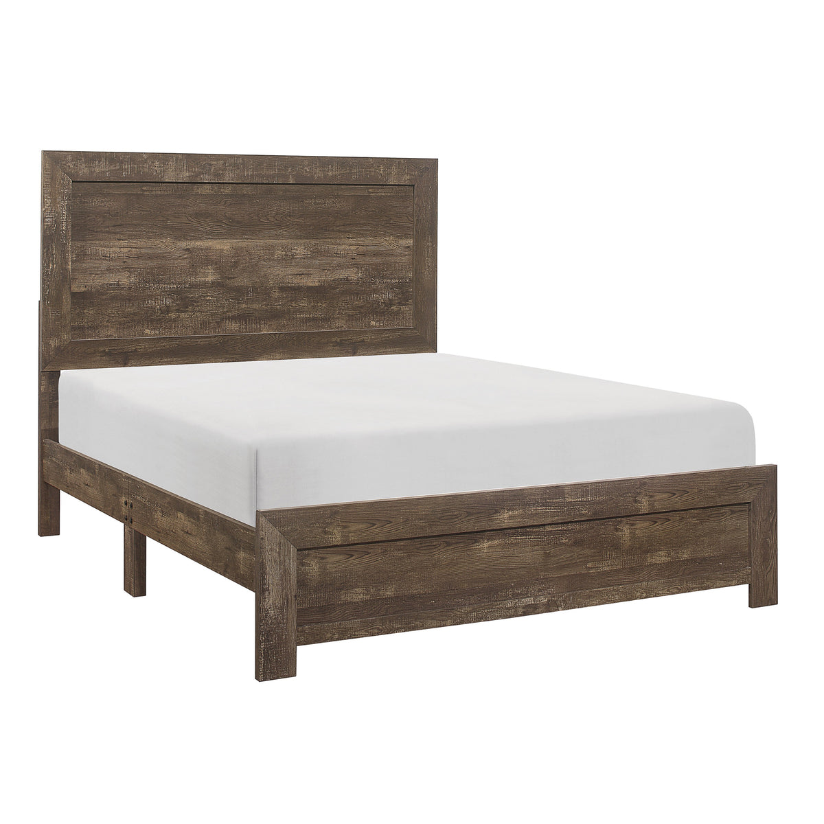 Rustic Panel Design Wooden Queen Size Bed with Block Legs in Brown Finish.