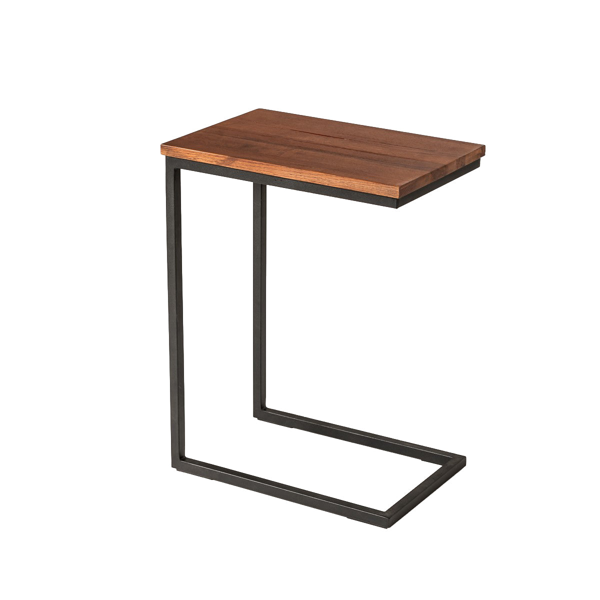 C-shaped end table with rectangular brown wood top and black metal frame.