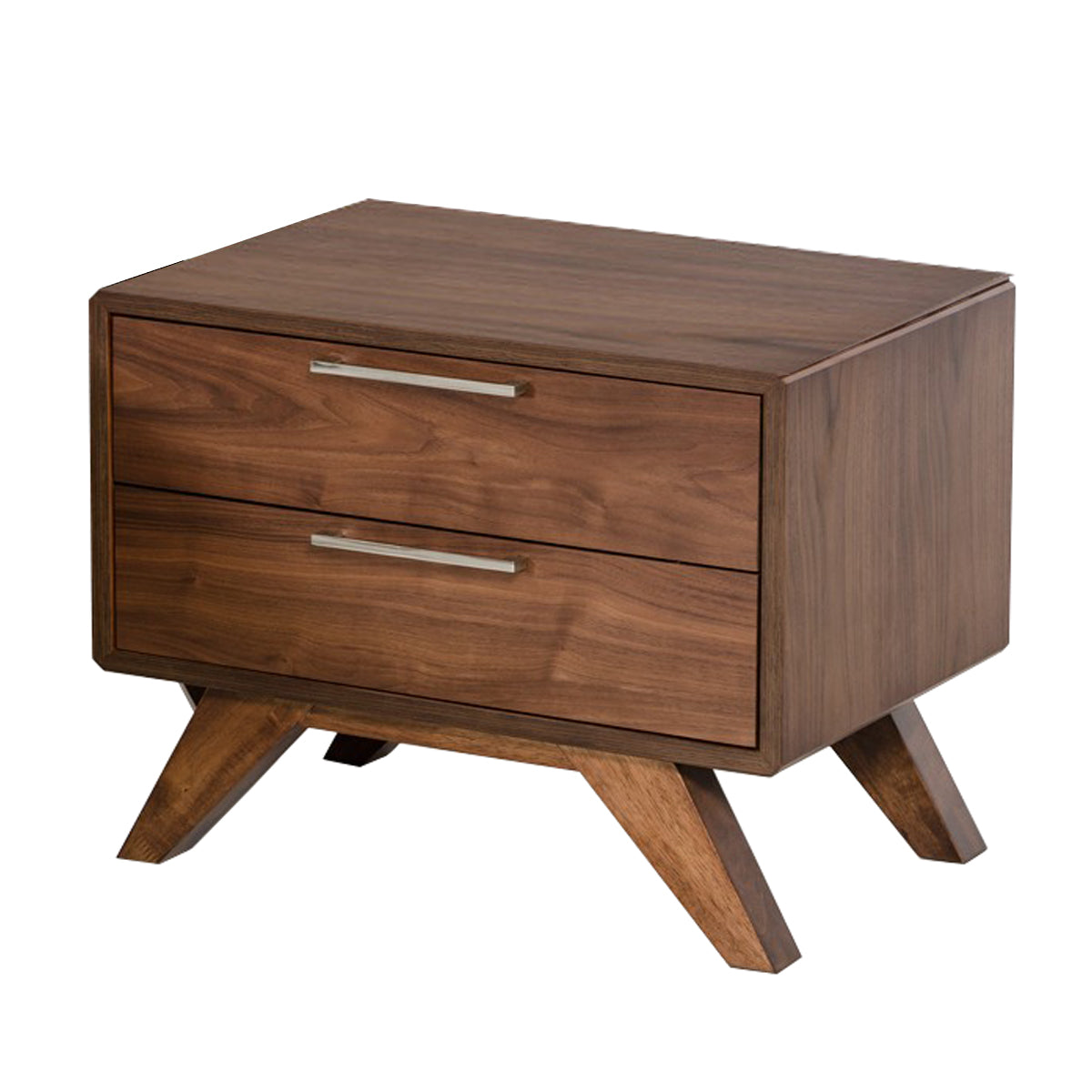 2-drawer wooden nightstand with metal bar handles and angled legs in brown finish.