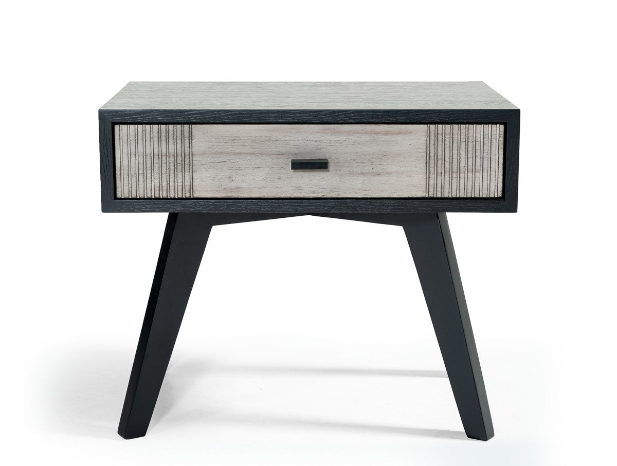 1-drawer wooden nightstand with angled legs, black frame and light wood front