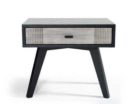 1-drawer wooden nightstand with angled legs, black frame and light wood front