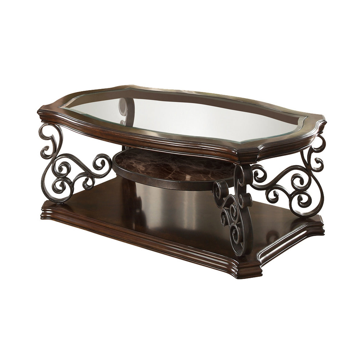 Coffee table with tempered glass top, brown wood frame and ornate metal scrollwork, Benzara
