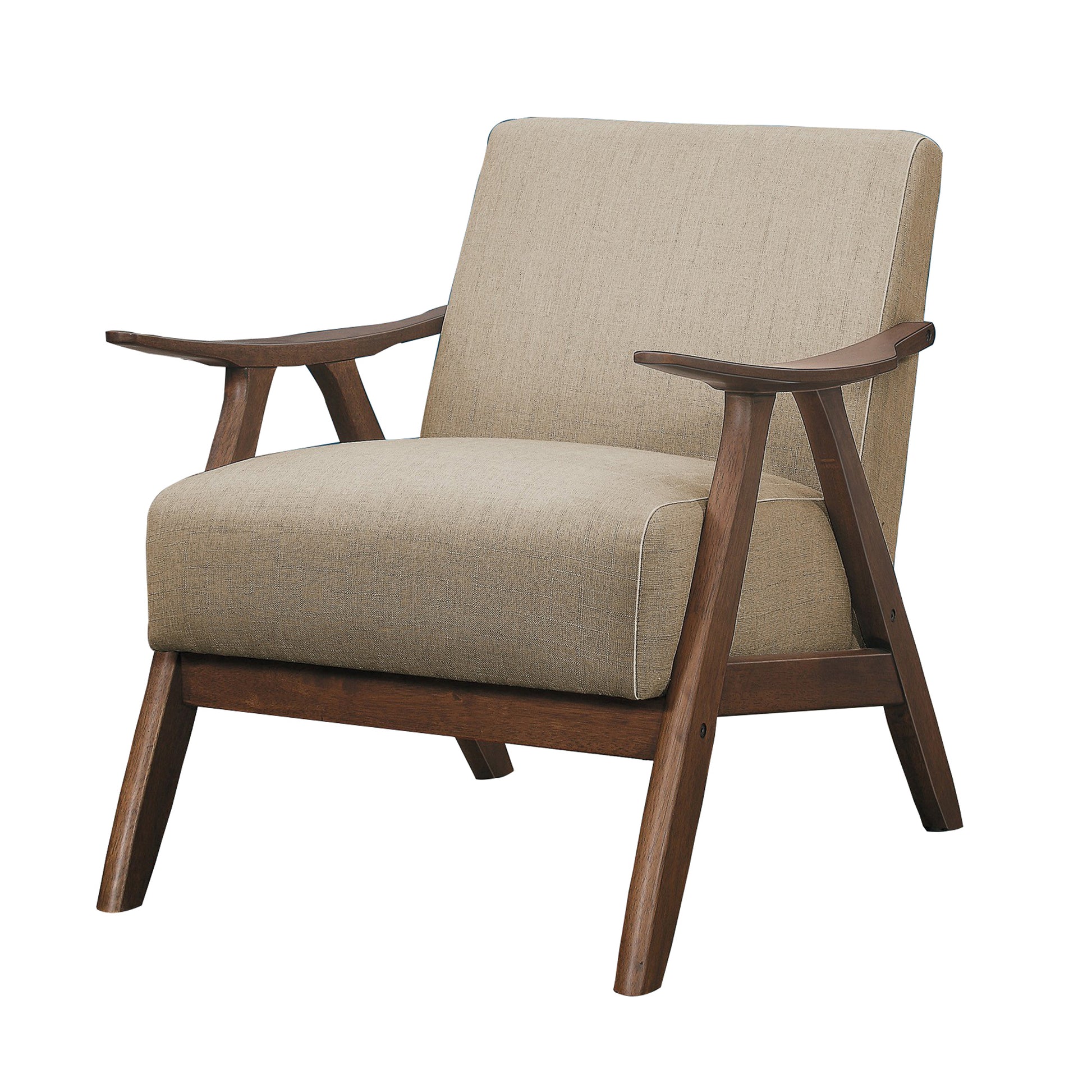 Fabric upholstered accent chair with curved armrests in light brown by Benzara.