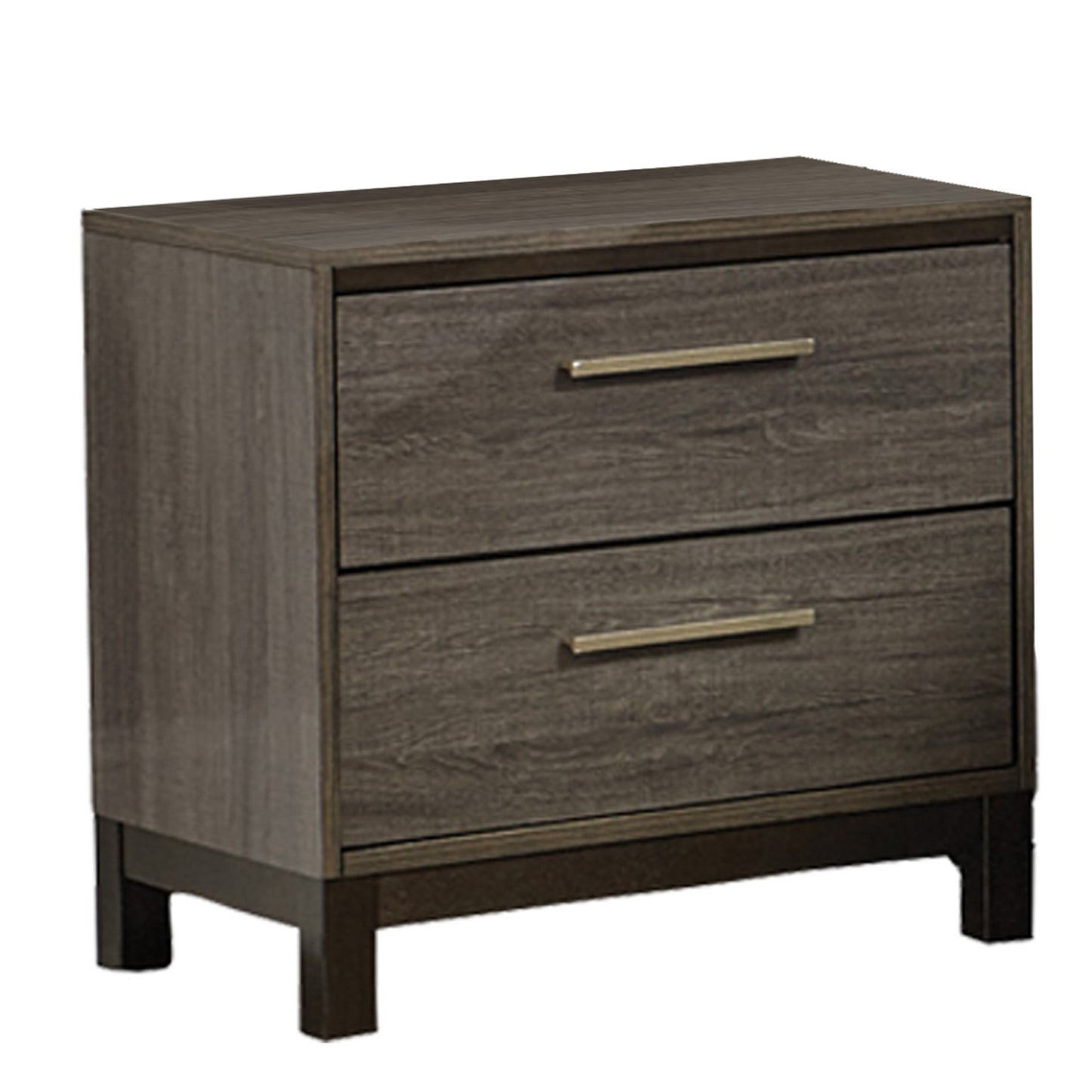 Benzara 2-drawer wooden frame nightstand in gray-brown finish with gold-tone handles