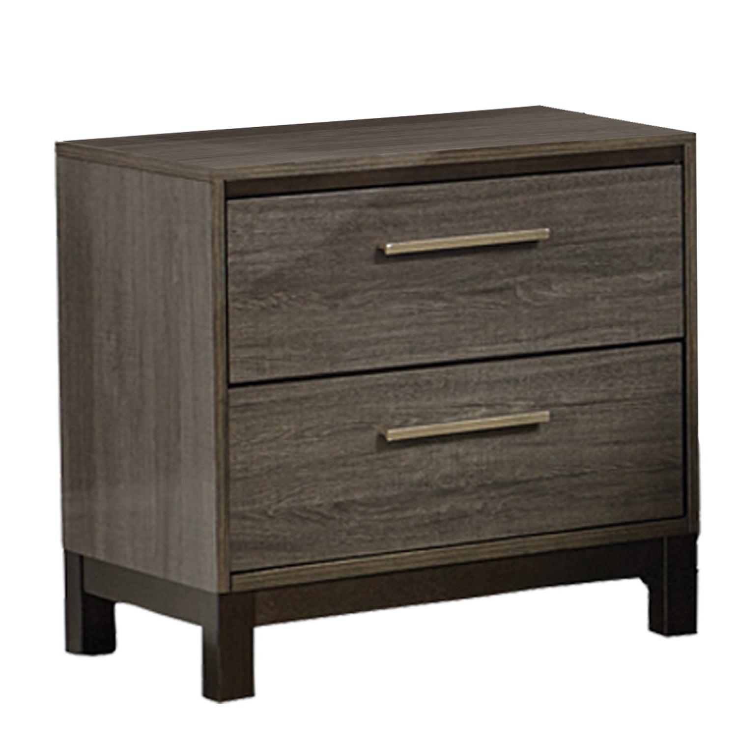 Benzara 2-drawer wooden frame nightstand in gray-brown finish with gold-tone handles