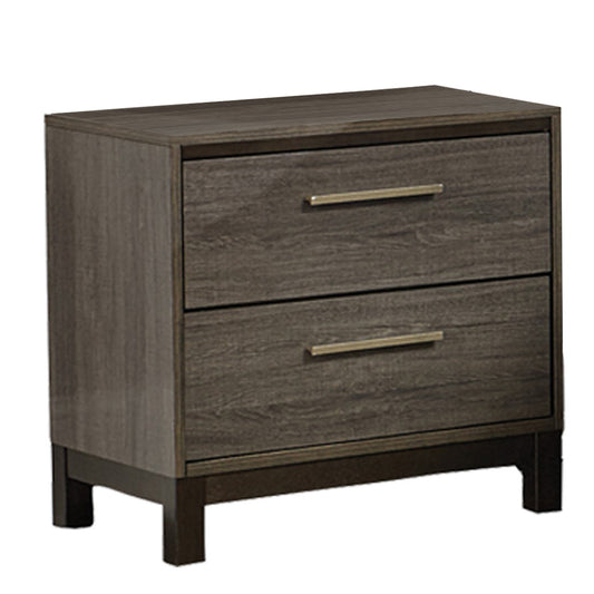 Benzara 2-drawer wooden frame nightstand in gray-brown finish with gold-tone handles