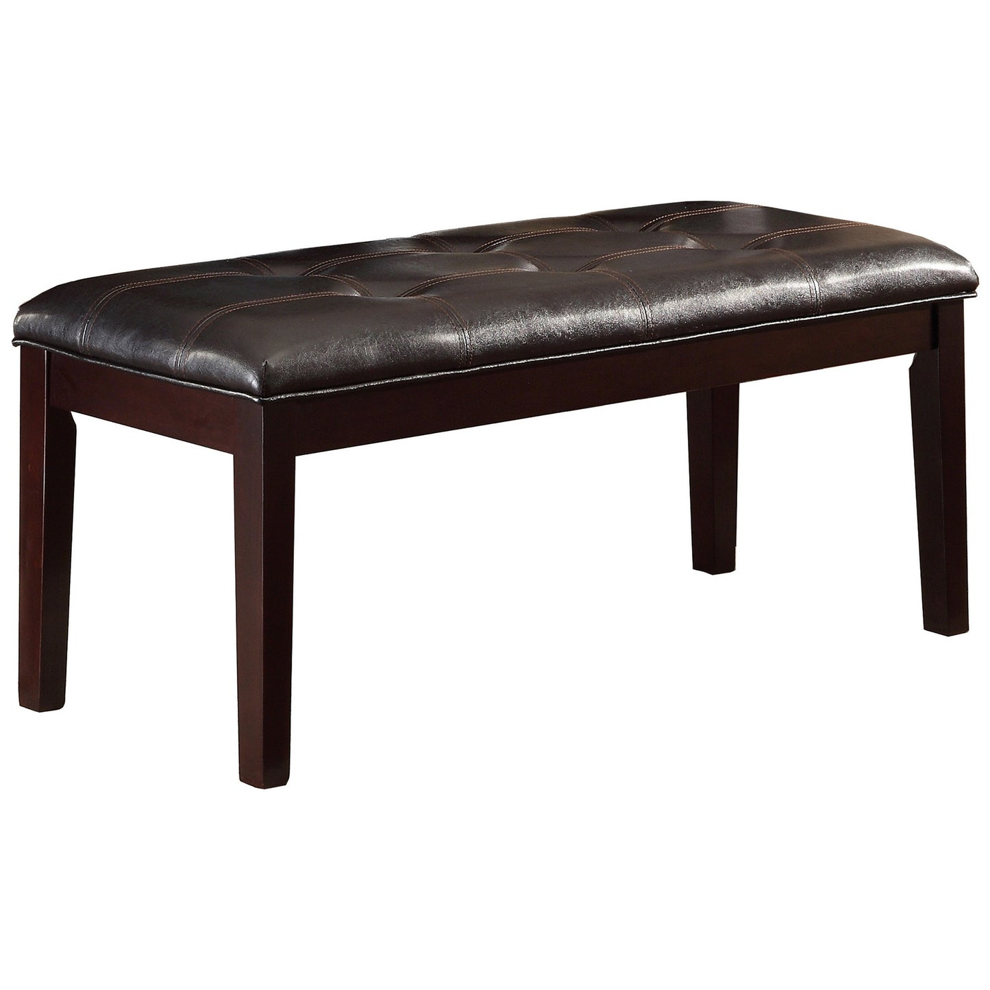 Button-tufted faux leather upholstered wooden bench in espresso brown with dark wood legs.