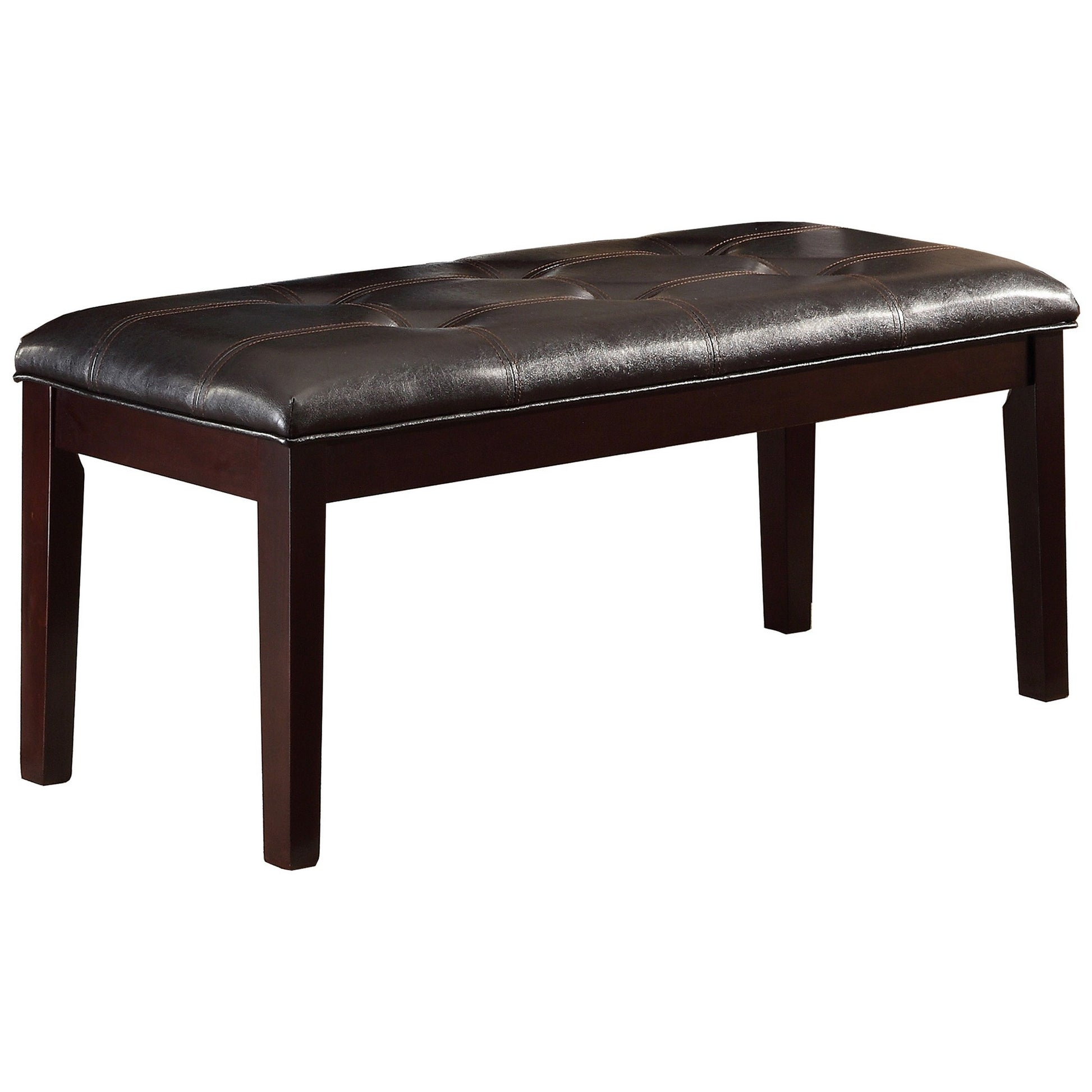 Button-tufted faux leather upholstered wooden bench in espresso brown with dark wood legs.
