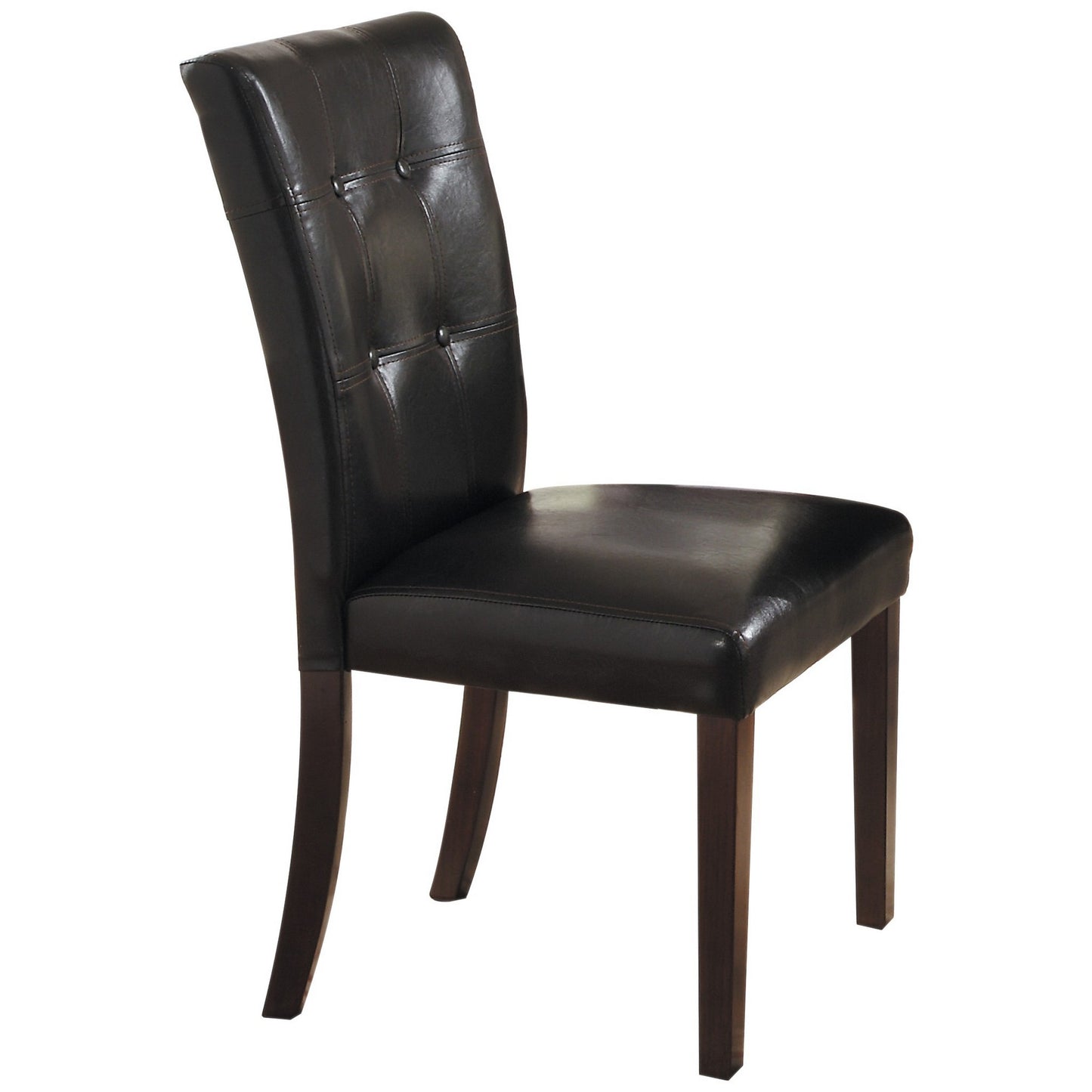 Faux leather upholstered side chair with button tufting in brown, dark wood legs