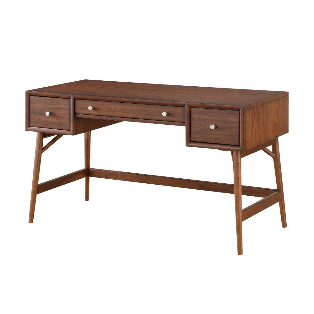 3 Drawer Wooden Writing Desk with Splayed Legs, Walnut Brown