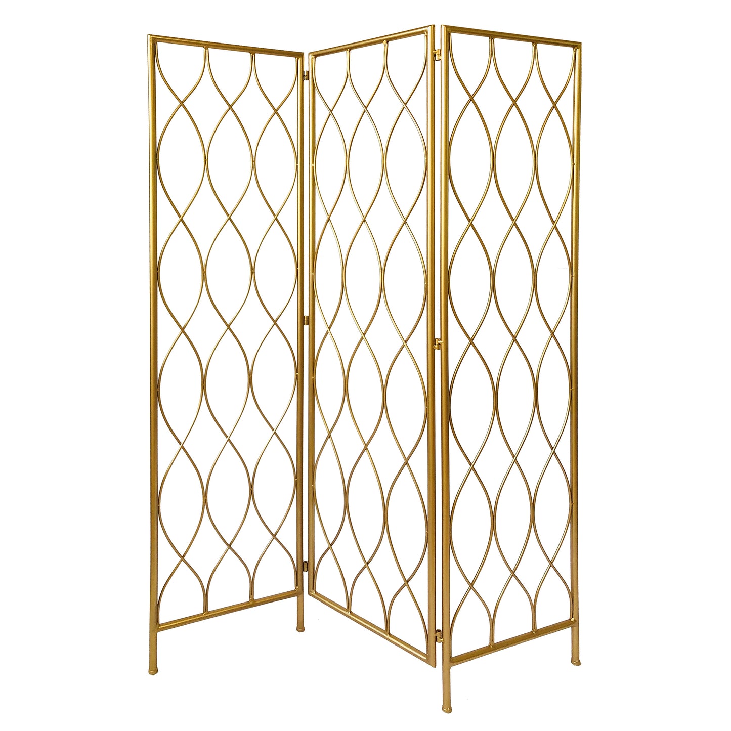 3 Panel Metal Frame Screen with Twisted Oval Design, Gold — Chic Home-Decor