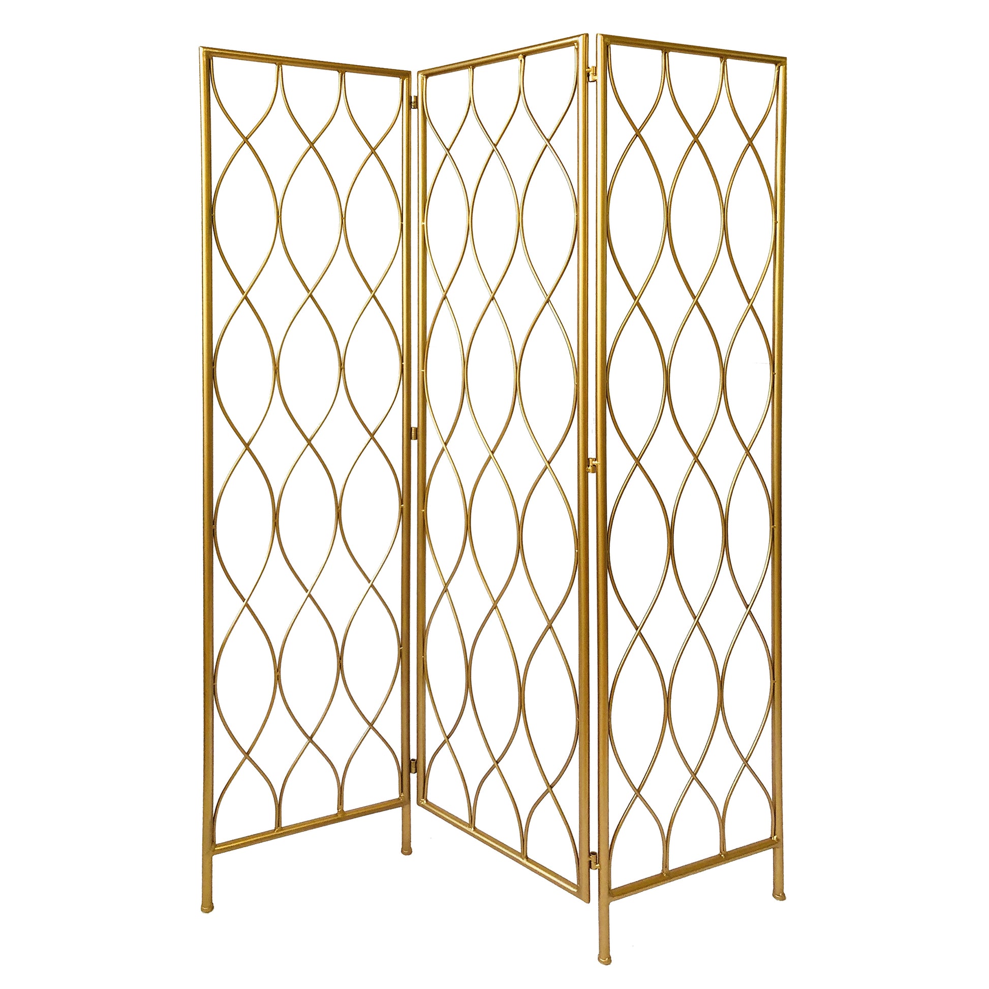 3 Panel Metal Frame Screen with Twisted Oval Design, Gold — Chic Home-Decor