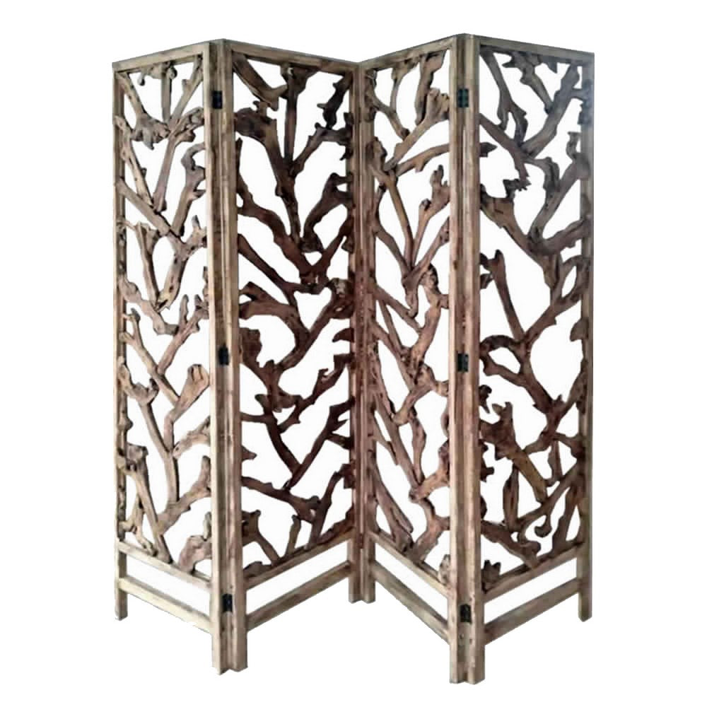 4 Panel Wooden Screen with Mulberry Alpine Like Branches Design, Brown — Chic Home-Decor