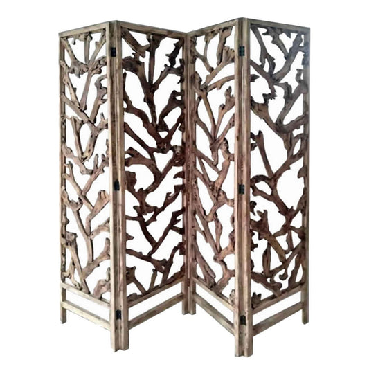 4 Panel Wooden Screen with Mulberry Alpine Like Branches Design, Brown — Chic Home-Decor