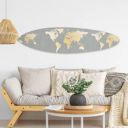 Wooden Surfboard Wall Art with World Map Print, Gray and White