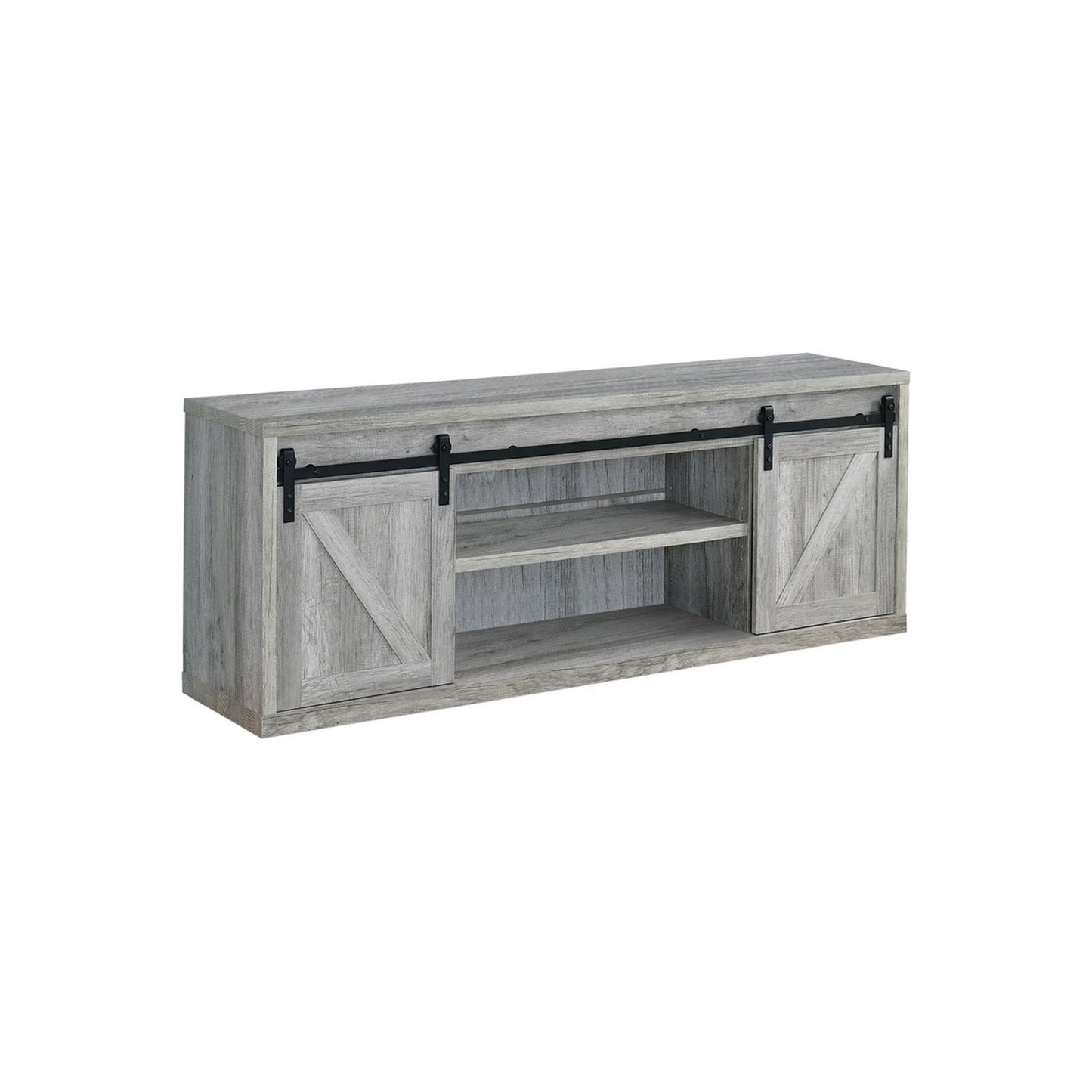 71-Inch farmhouse wooden TV console with 2 sliding barn doors in gray finish and black hardware
