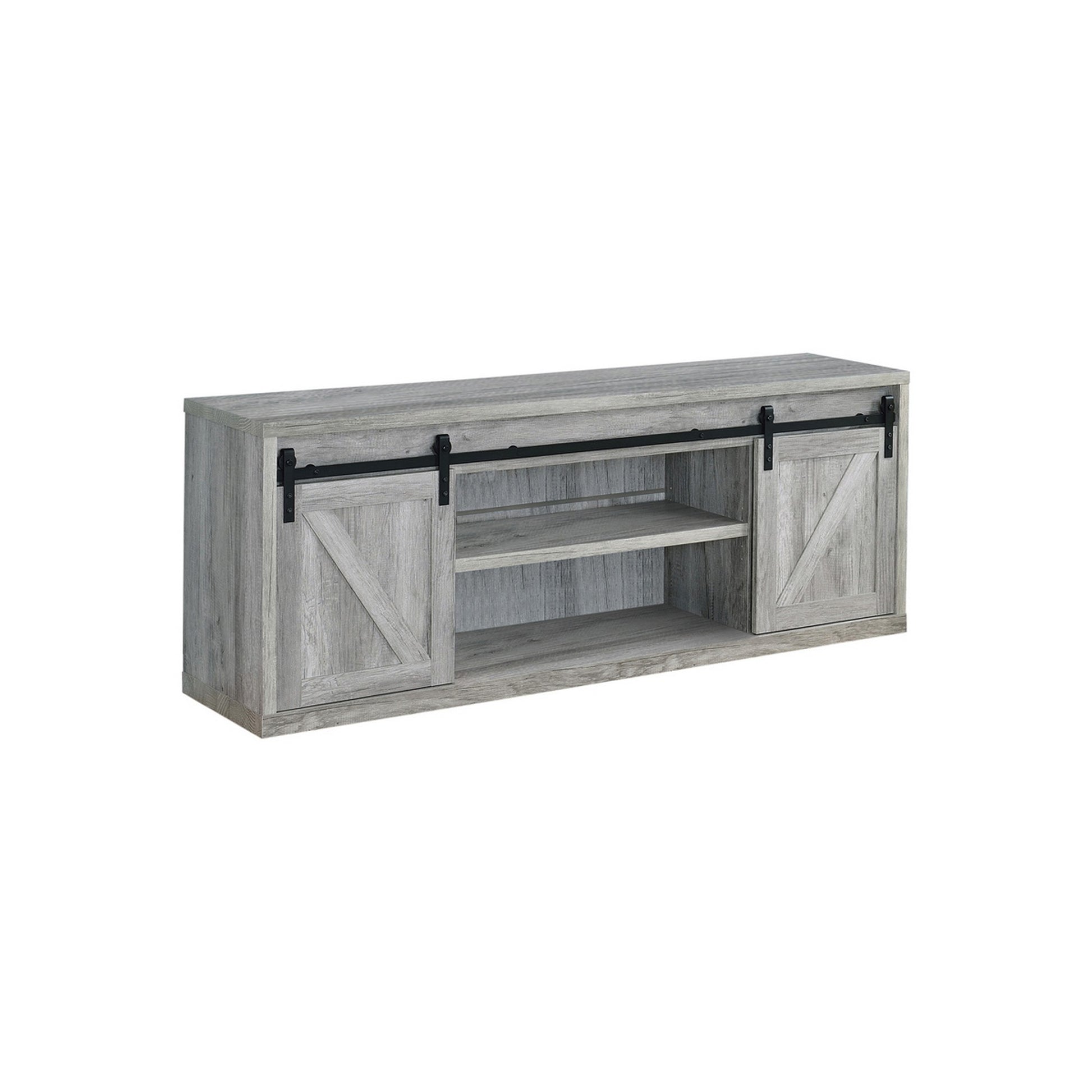 71-Inch farmhouse wooden TV console with 2 sliding barn doors in gray finish and black hardware