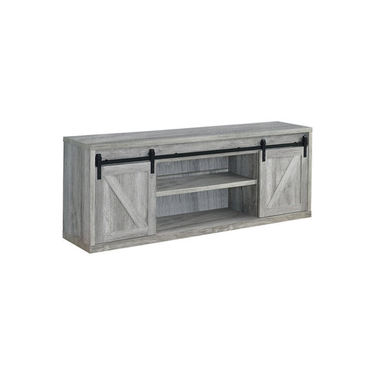 71-Inch farmhouse wooden TV console with 2 sliding barn doors in gray finish and black hardware