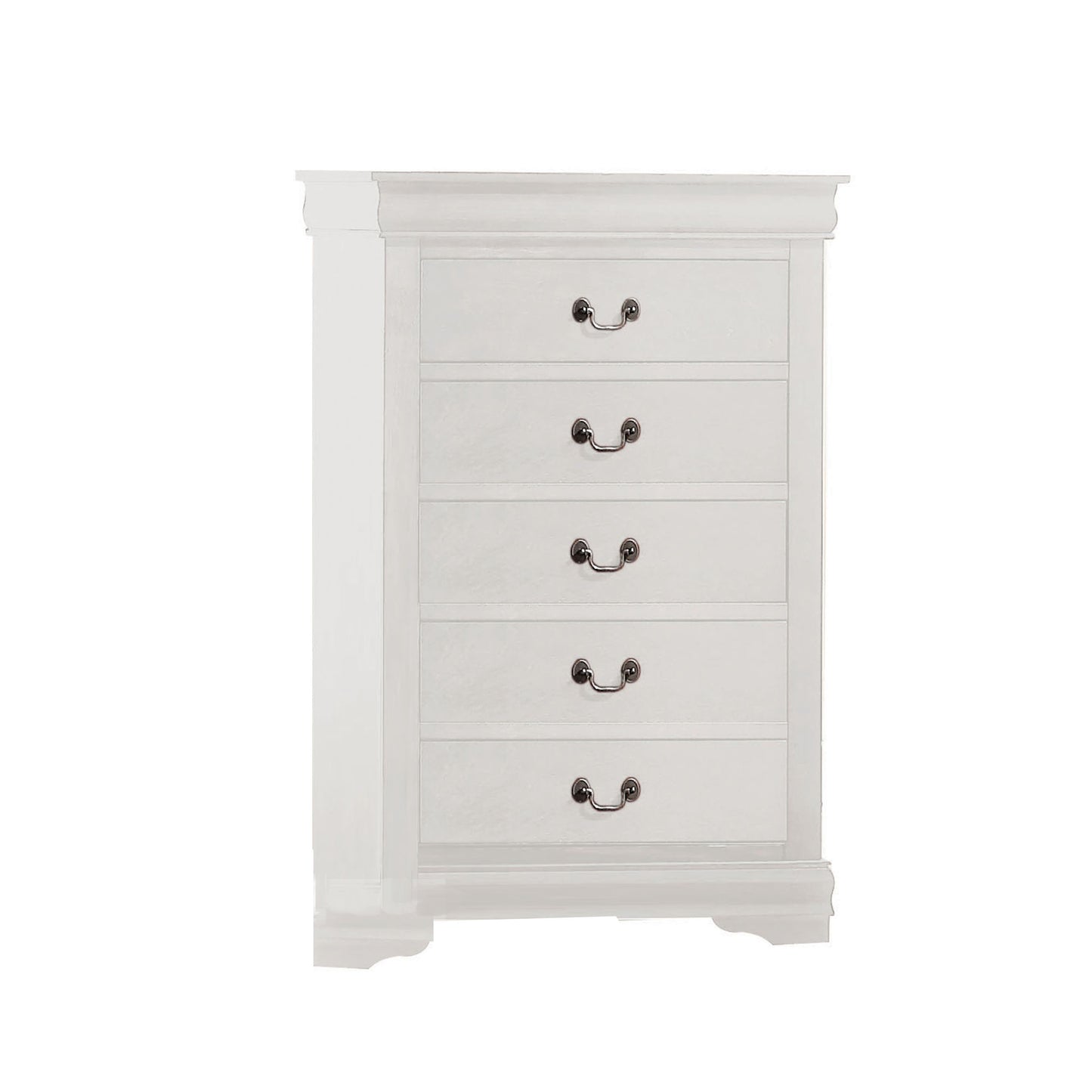 5-drawer white wooden chest with metal hanging pulls and bracket feet by Benzara