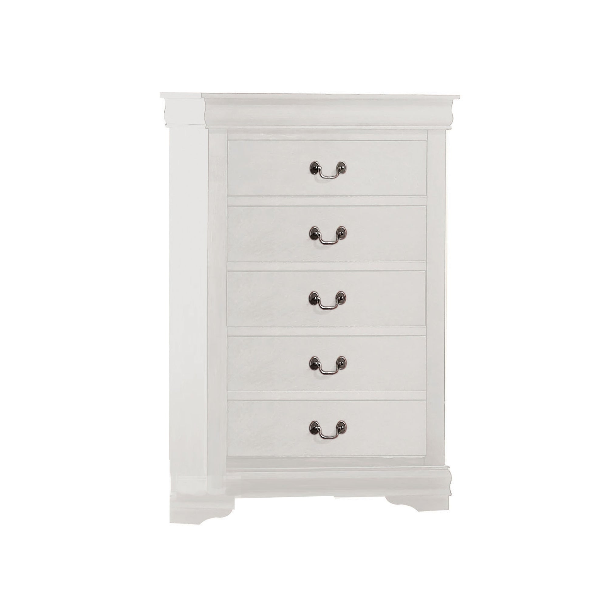 5-drawer white wooden chest with metal hanging pulls and bracket feet by Benzara