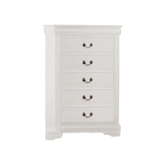 5-drawer white wooden chest with metal hanging pulls and bracket feet by Benzara