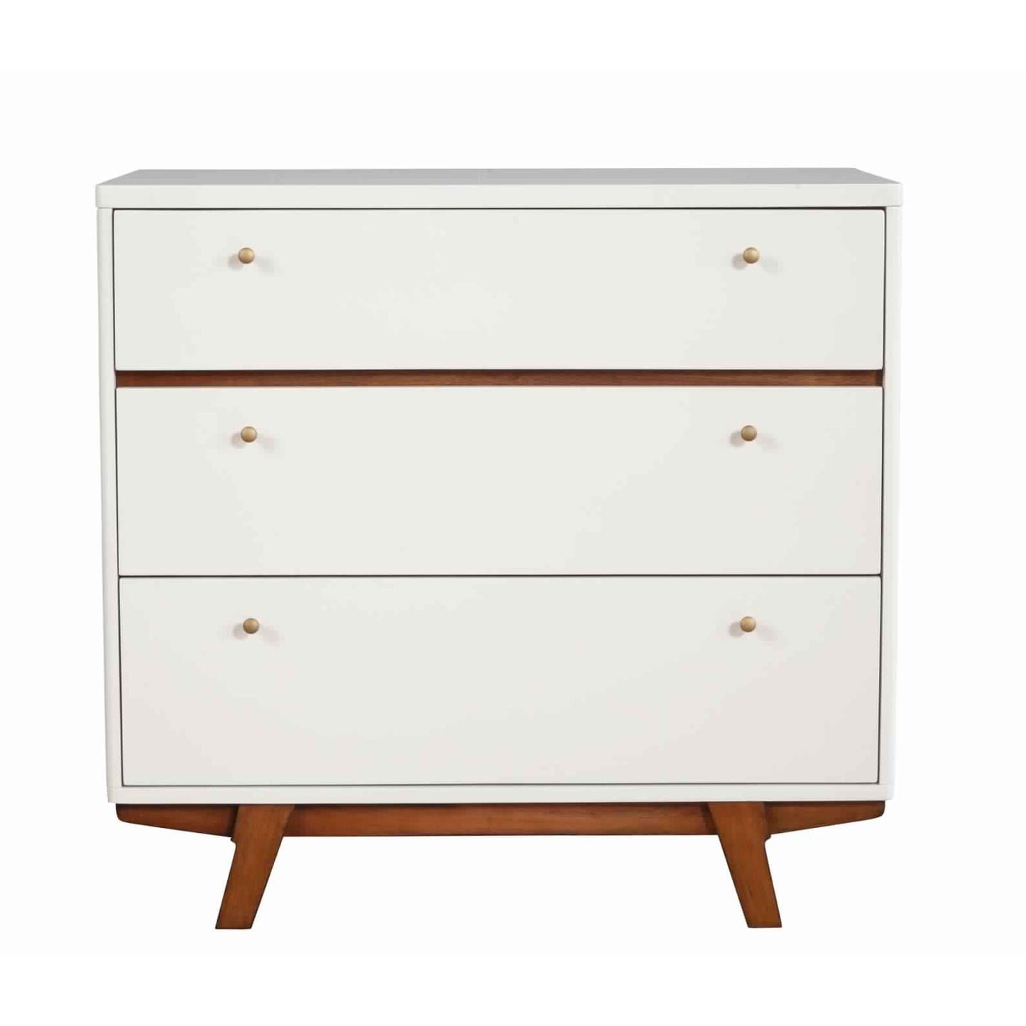 3-drawer wood chest in white with brown wood accents, round pulls, and angled legs