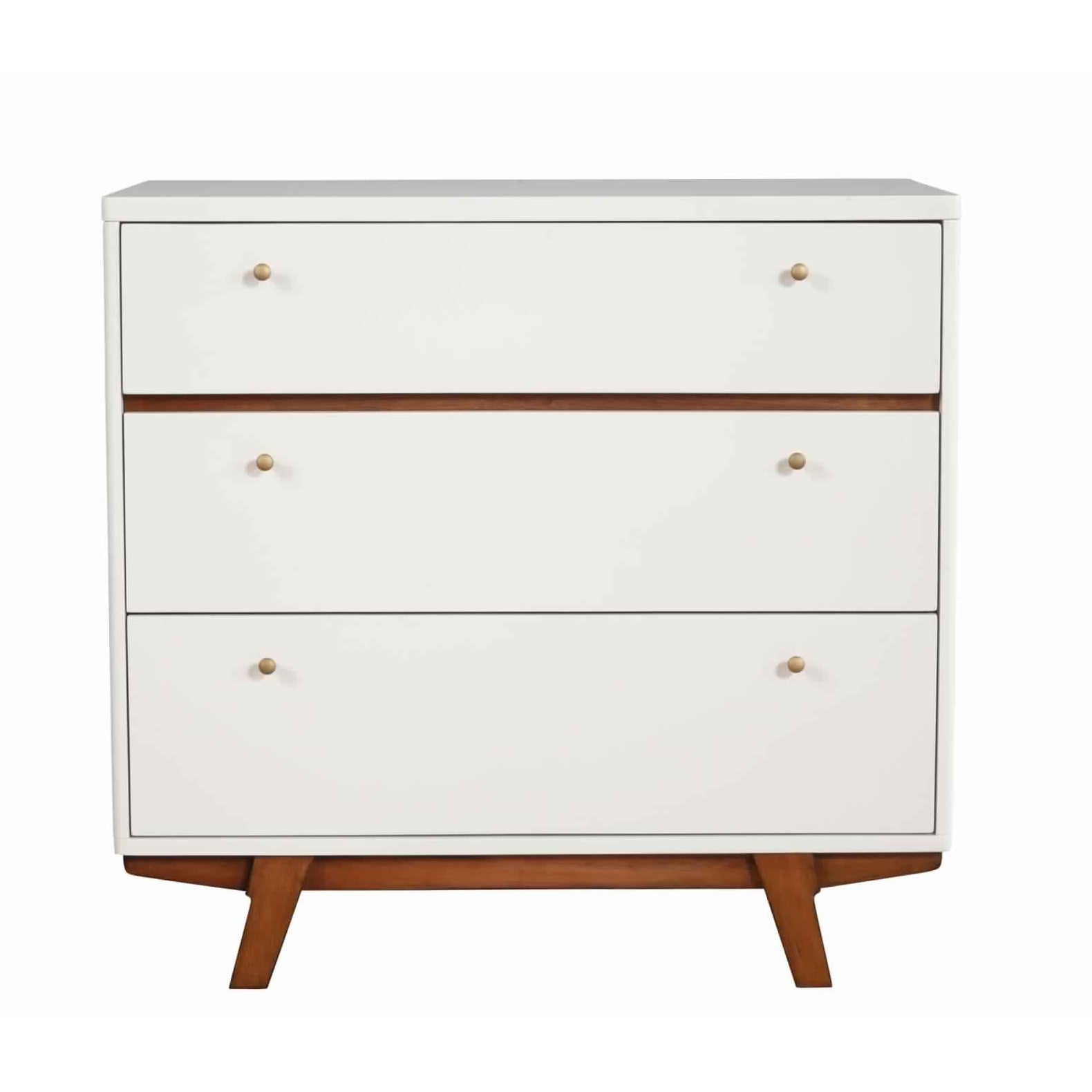 3-drawer wood chest in white with brown wood accents, round pulls, and angled legs