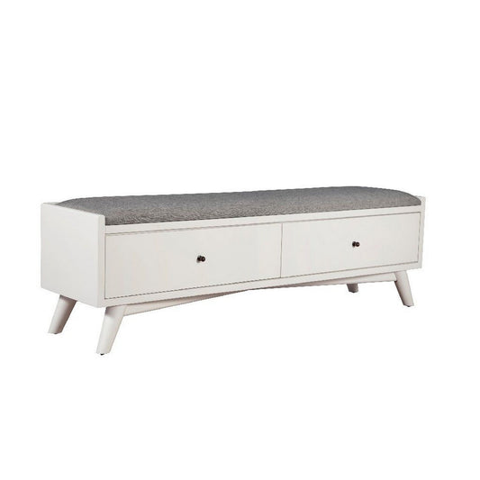 Bedroom storage bench with 2 drawers and gray upholstered top on white wood base