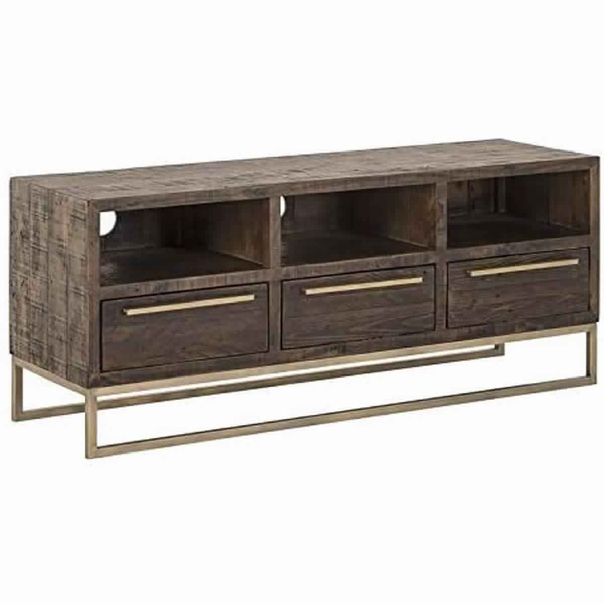 3-Drawer TV Console with Sled Base, 3 open compartments, brown wood finish with gold metal base