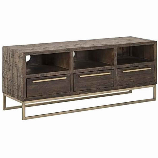 3-Drawer TV Console with Sled Base, 3 open compartments, brown wood finish with gold metal base
