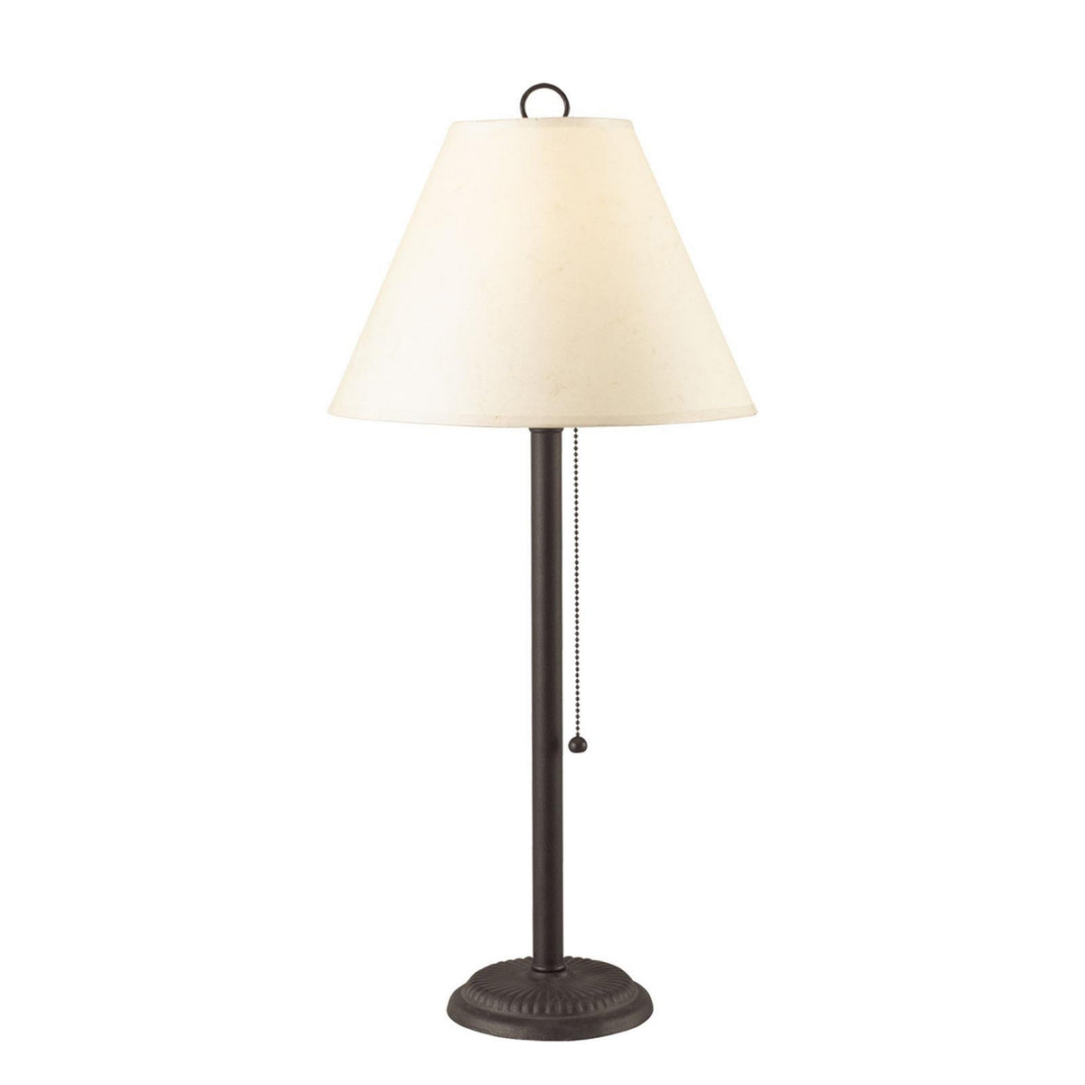 Paper shade metal table lamp with pull chain switch, dark metal stem and off-white shade