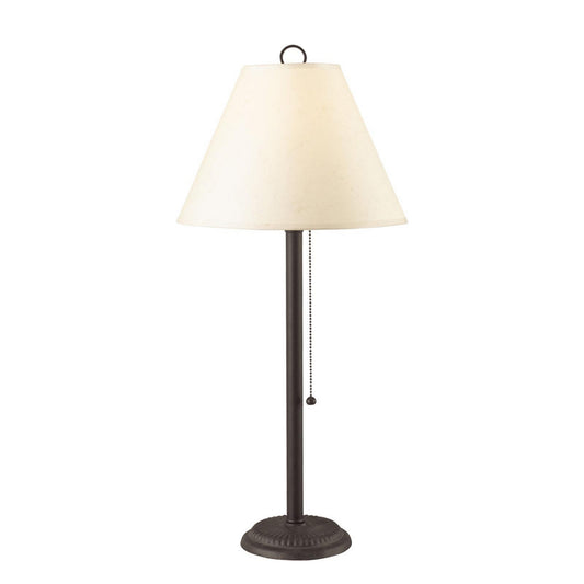 Paper shade metal table lamp with pull chain switch, dark metal stem and off-white shade