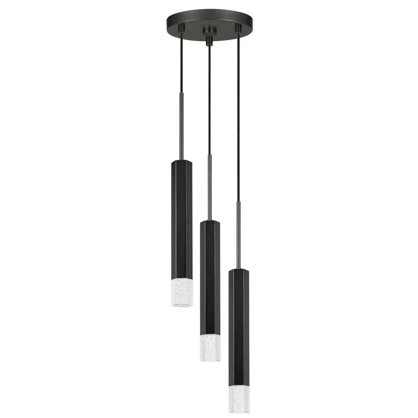 Benzara hexagonal metal frame 3-LED pendant light with black finish and glass diffusers