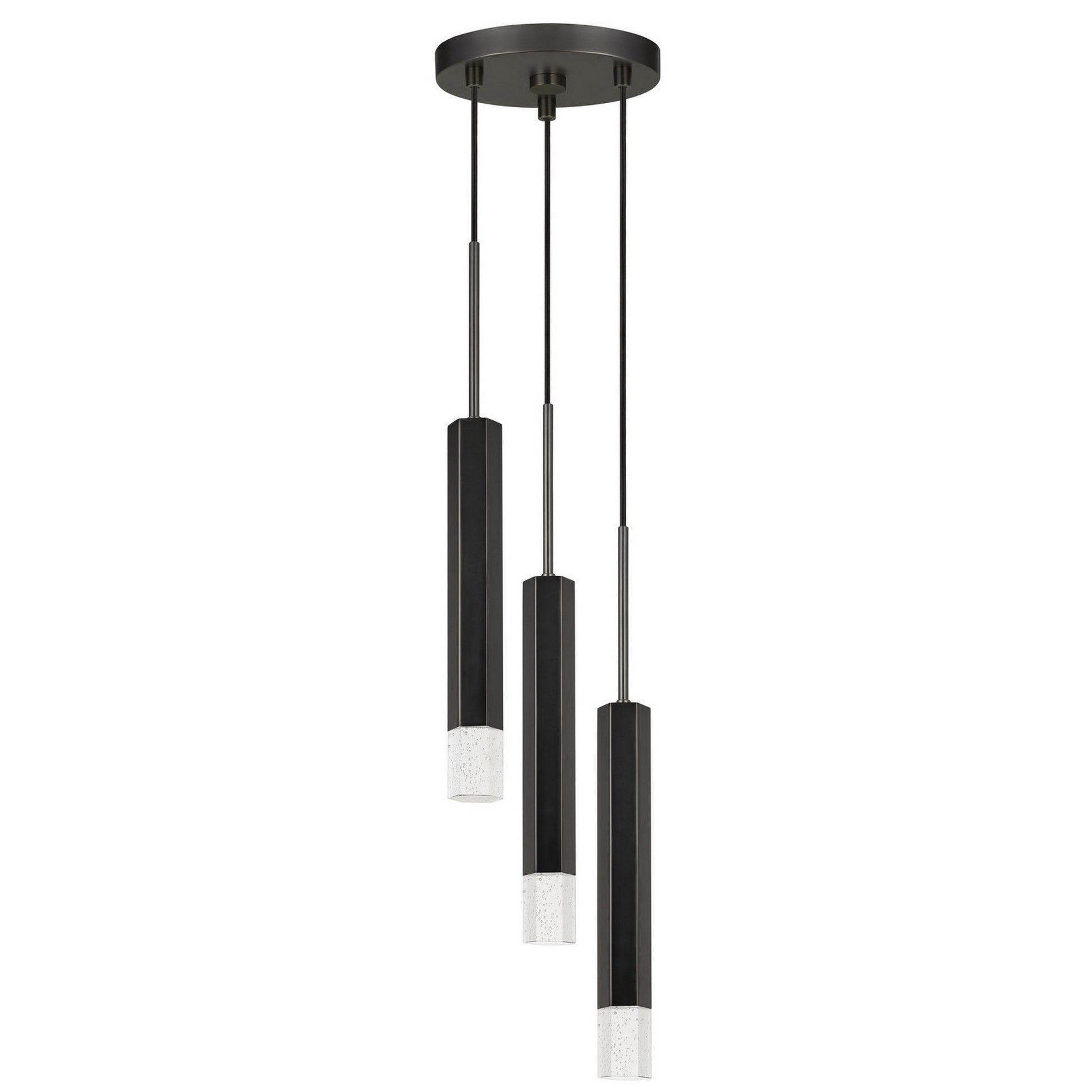 Benzara hexagonal metal frame 3-LED pendant light with black finish and glass diffusers