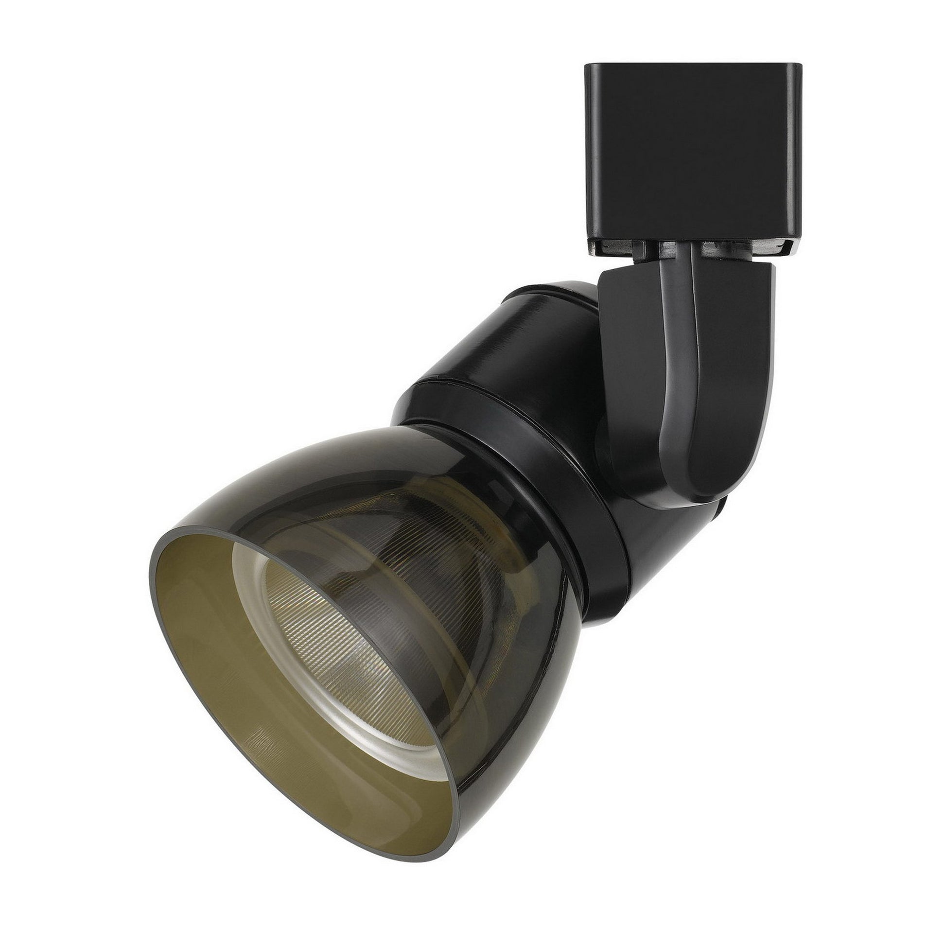 LED track light head with black metal housing and clear polycarbonate lens