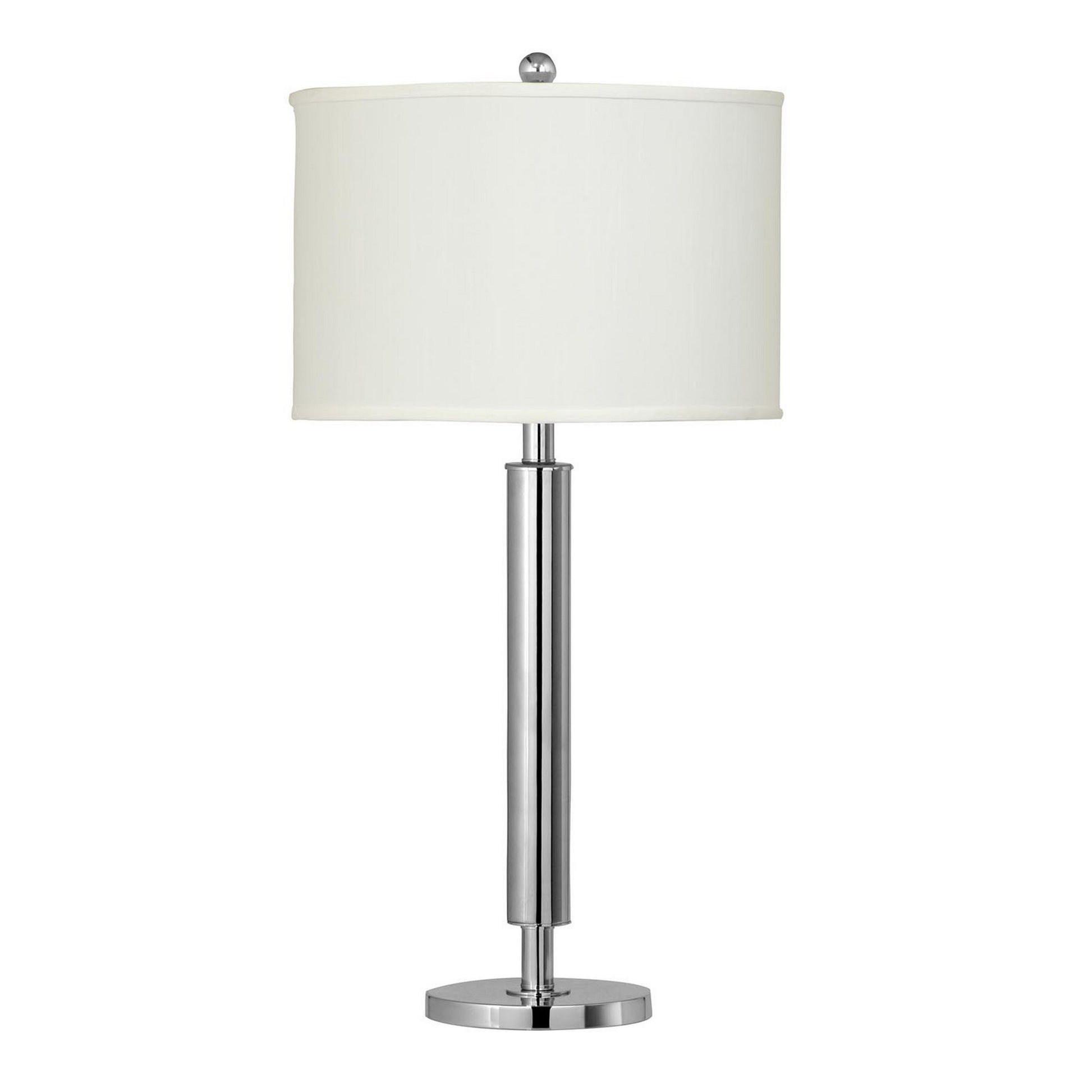 Silver metal table lamp with tubular chrome stem and white drum shade