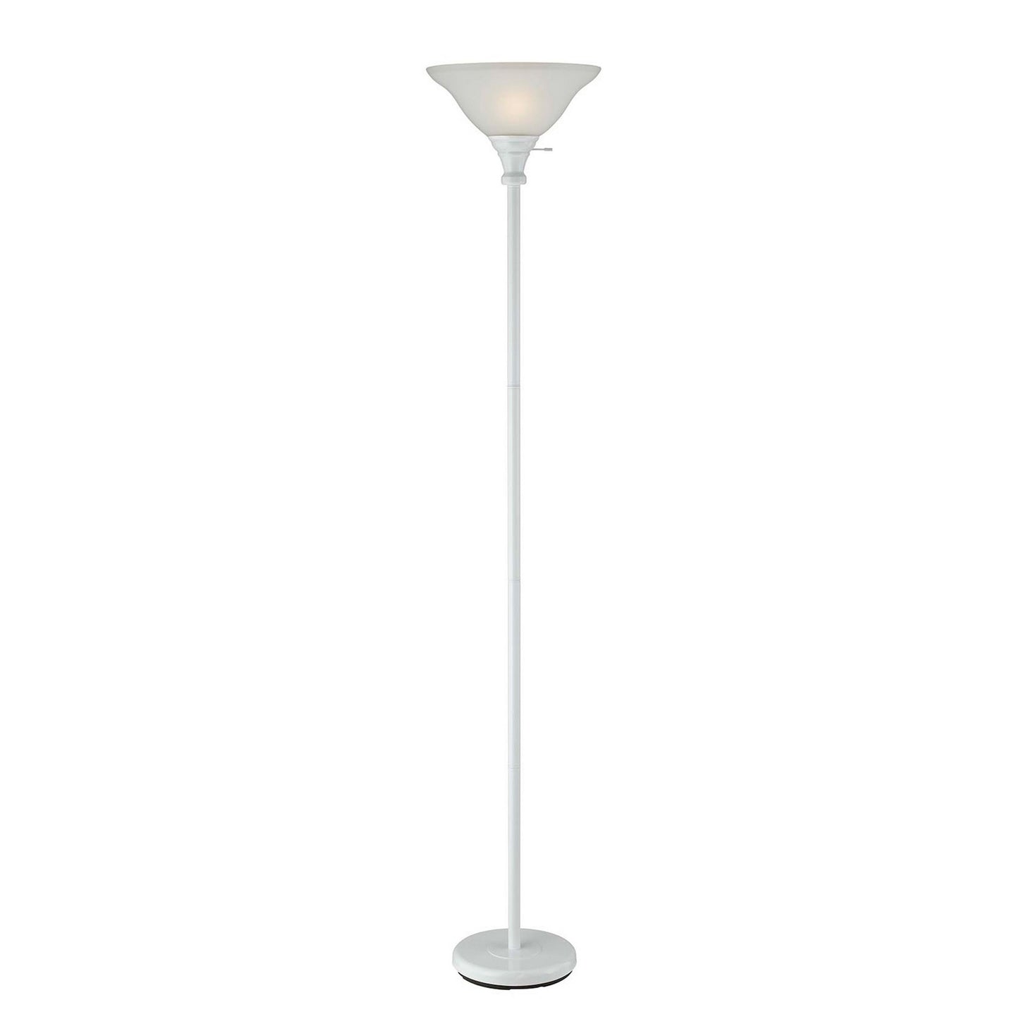 White three-way torchiere floor lamp with frosted glass shade and stable base