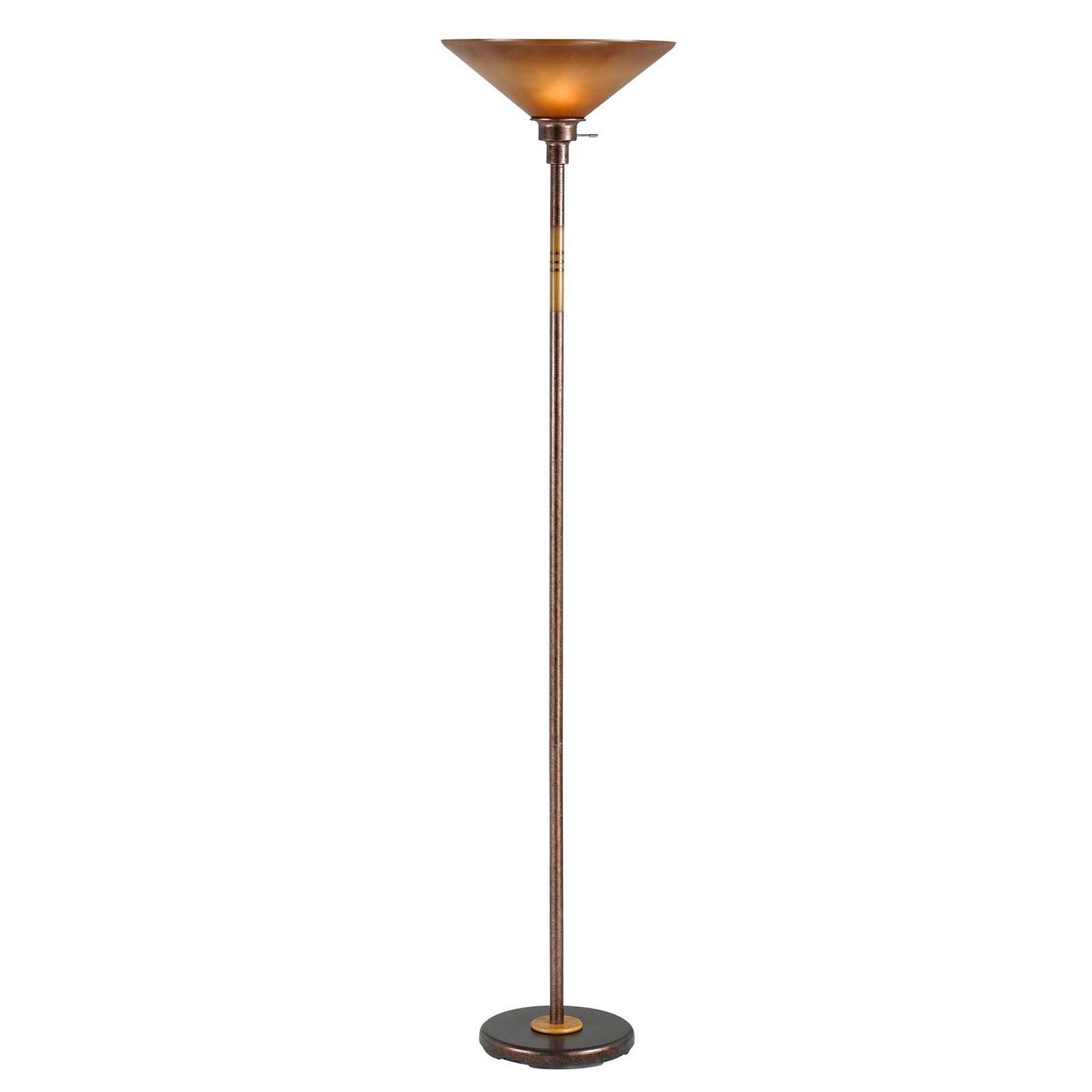 3-way torchiere floor lamp with frosted glass shade and bronze finish, stable round base