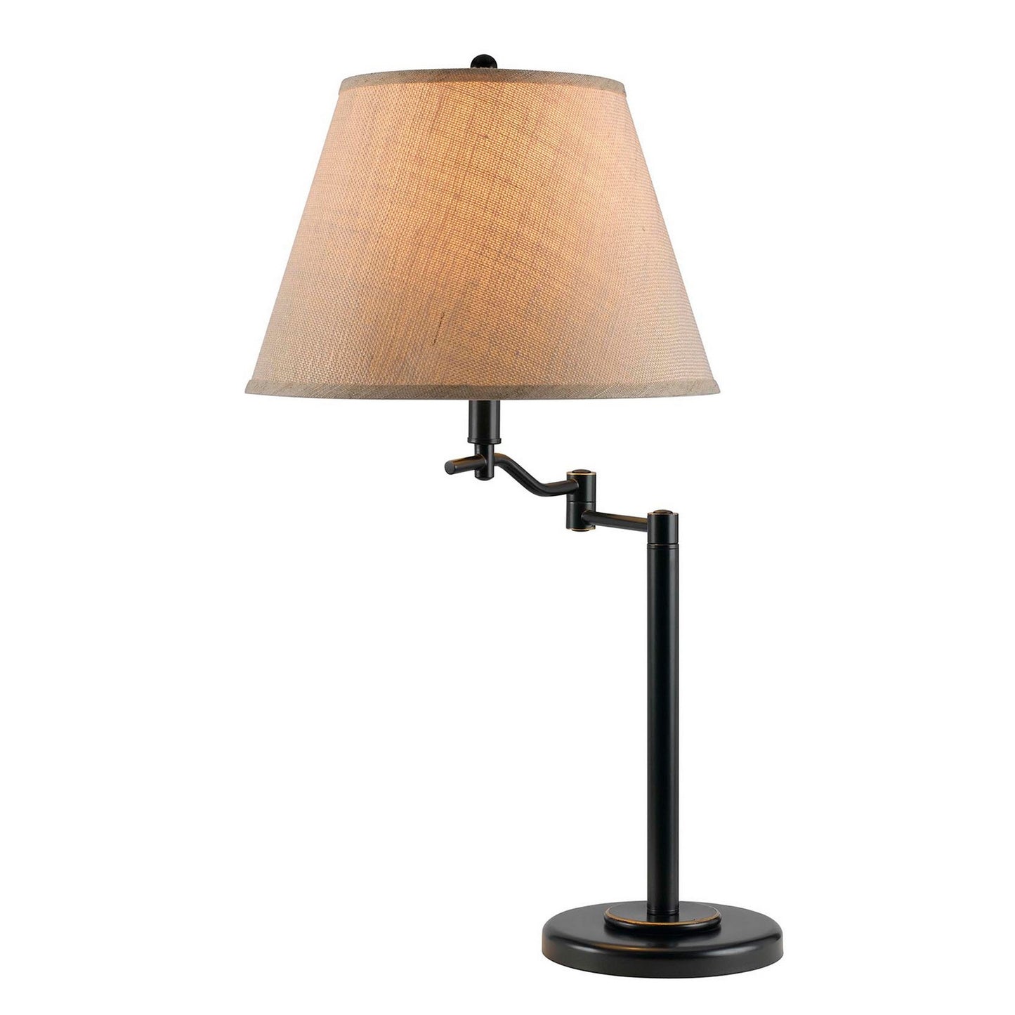 3-way metal table lamp with swing arm, black finish and beige conical fabric shade