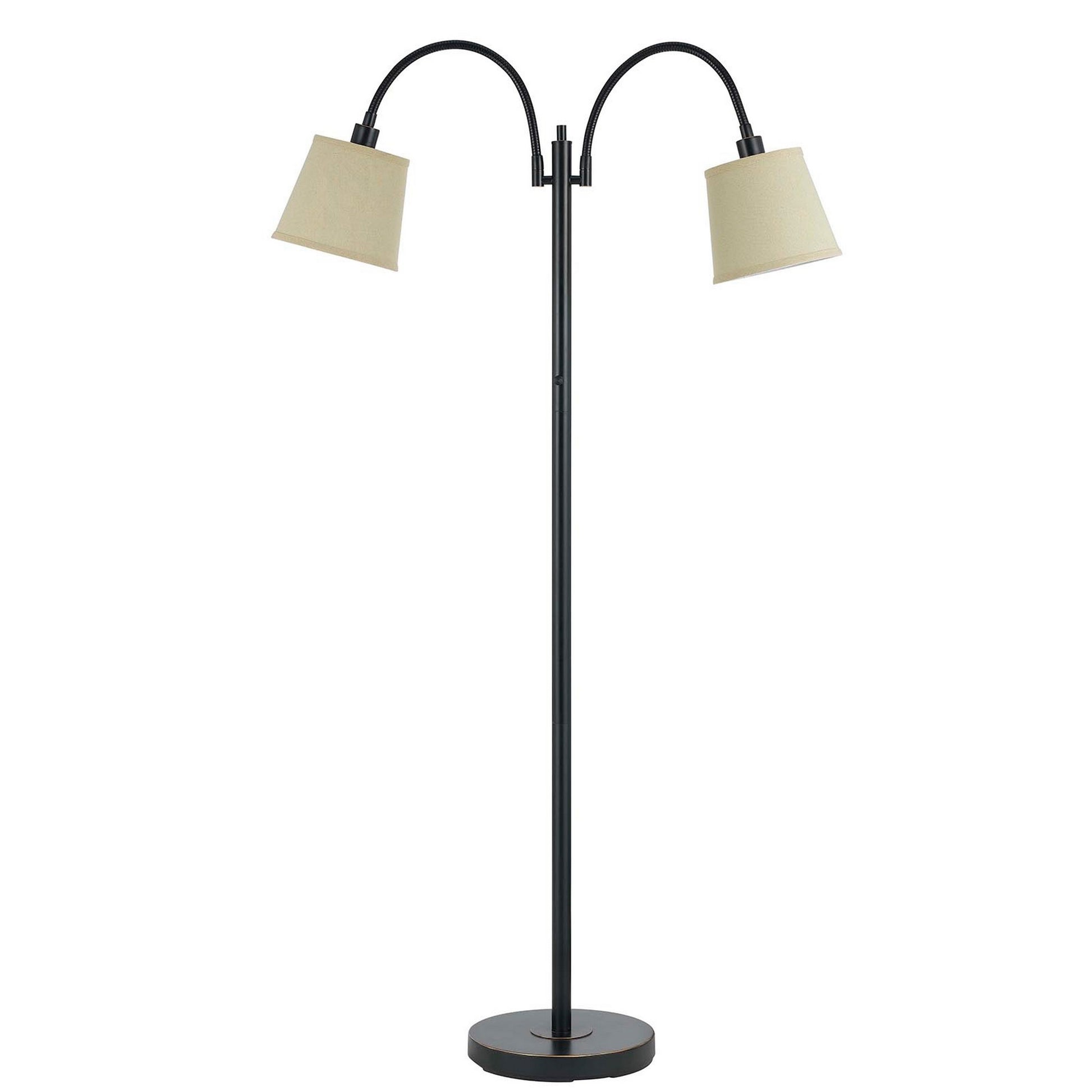 80W metal floor lamp with dual goosenecks and uno-style beige lampshades, black finish