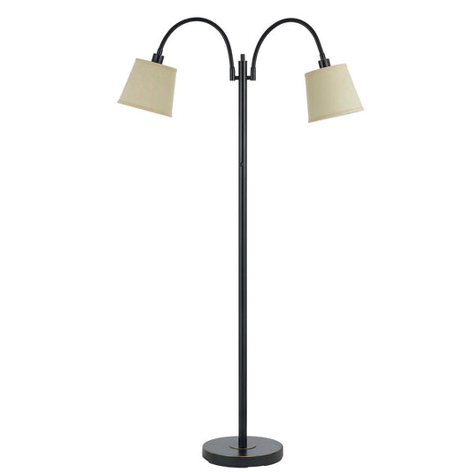 80W metal floor lamp with dual goosenecks and uno-style beige lampshades, black finish